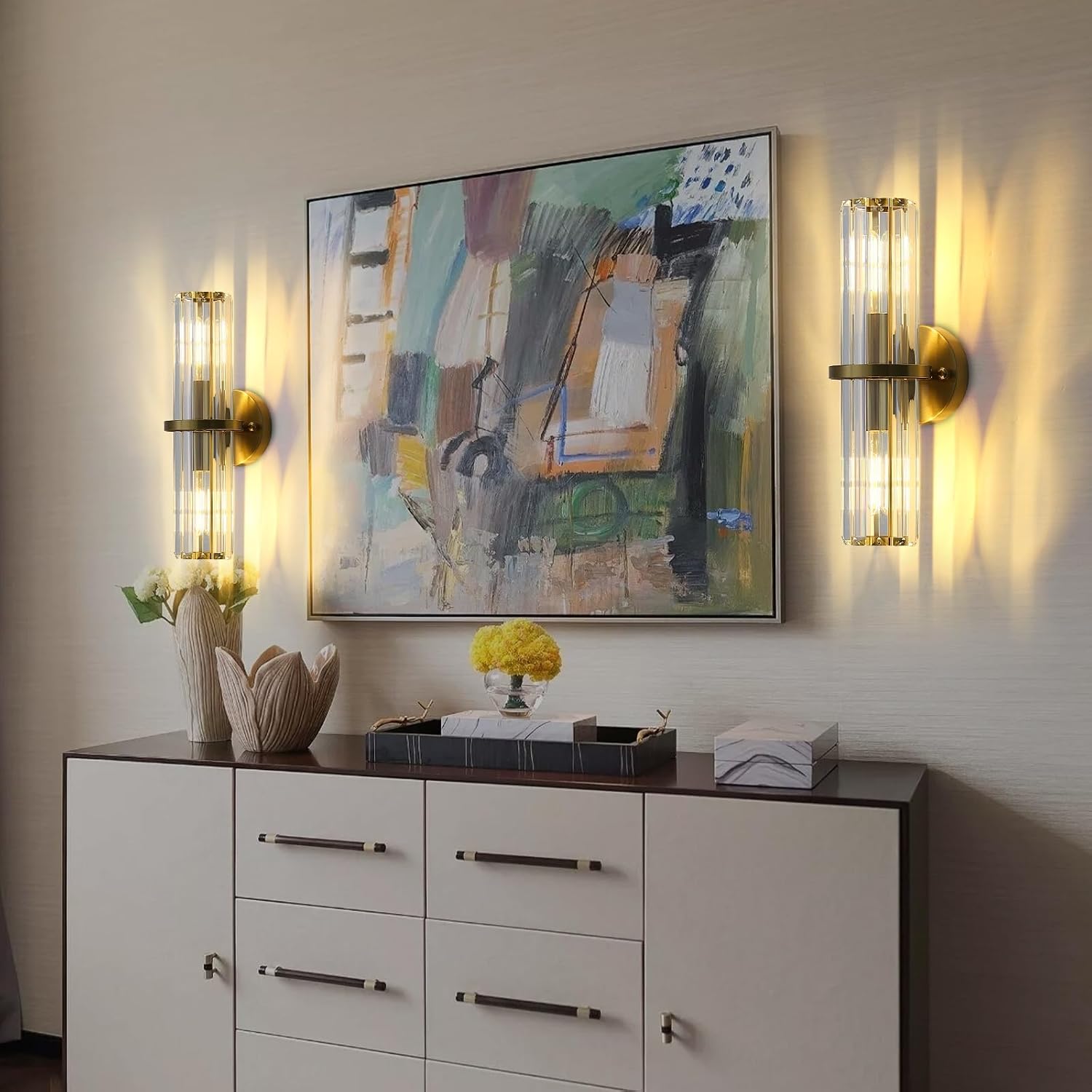 Crystal Wall Sconce Set of 2, Gold Crystal Bathroom Wall Light, Modern Sconces Wall Decor 2-Light Luxury Indoor Wall Lamp 15.7-Inch for Living Room, Hallway, Mirror, Bathroom, Vanity E26