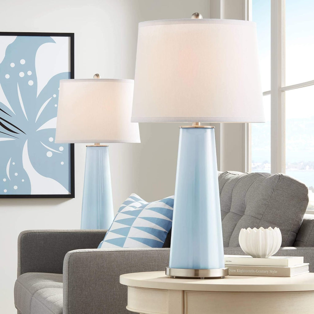 Color + Plus Leo 29 1/2' Tall Cylinder Modern Coastal End Table Lamps Set of 2 Take Five Blue Brushed Nickel Finish Glass White Shade Living Room Bedroom Bedside Nightstand House Office Home Reading