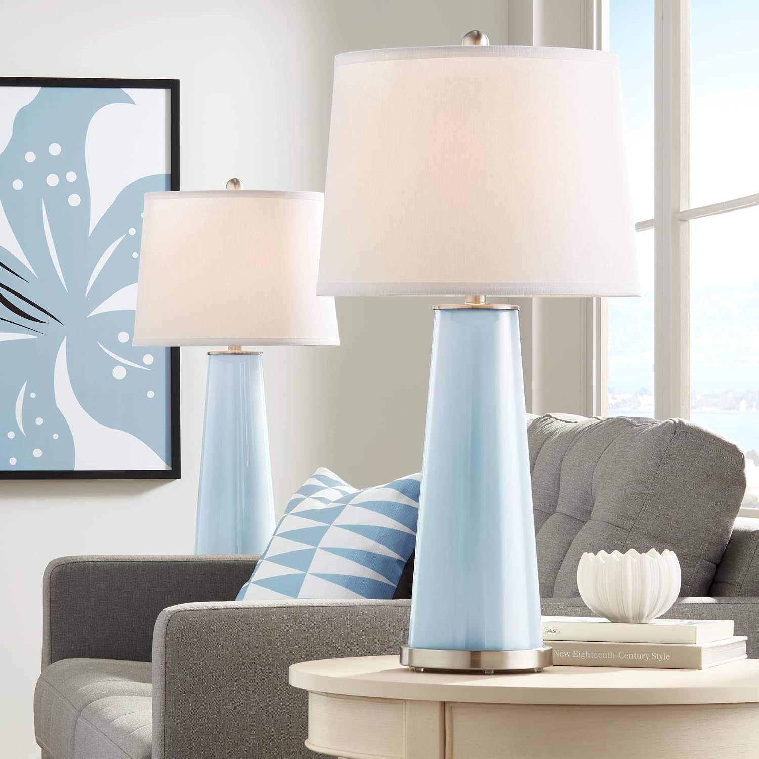 Color + Plus Leo 29 1/2' Tall Cylinder Modern Coastal End Table Lamps Set of 2 Take Five Blue Brushed Nickel Finish Glass White Shade Living Room Bedroom Bedside Nightstand House Office Home Reading