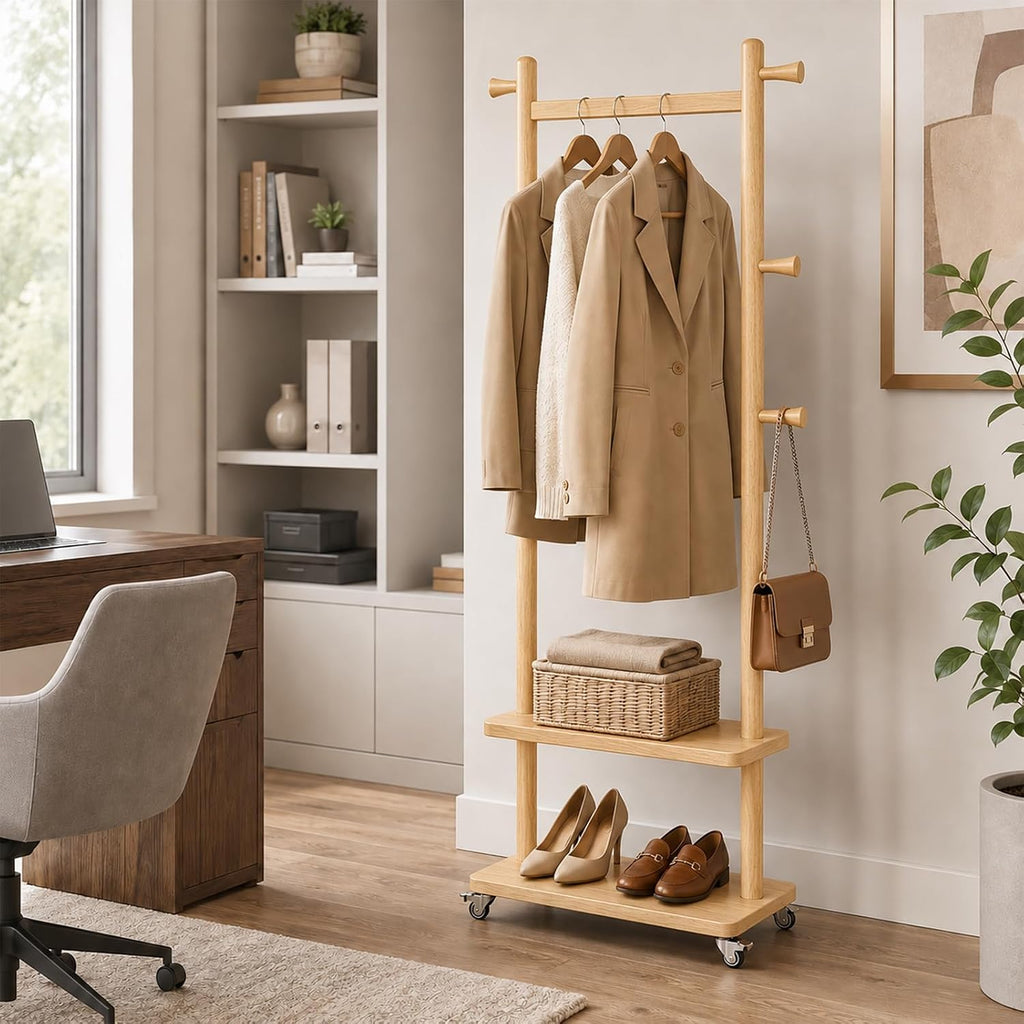 Taitiy Coat Rack Freestanding Clothing Rack with Wheels & 2 Shelves Storage & 5 Hooks Heavy Duty Clothes Rack Wood Coat Tree Stand Hat Hanger Rack for Corner Bedroom Entryway Living Room Hotel Size L