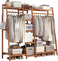 Bamboo Garment Rack for Hanging Clothes, 5 Tiers Clothing Rack, Free Standing Clothes Coat Hanger Closet Organizer with Shoe Rack,Portable Wardrobe for Living Room Bedroom, Brown