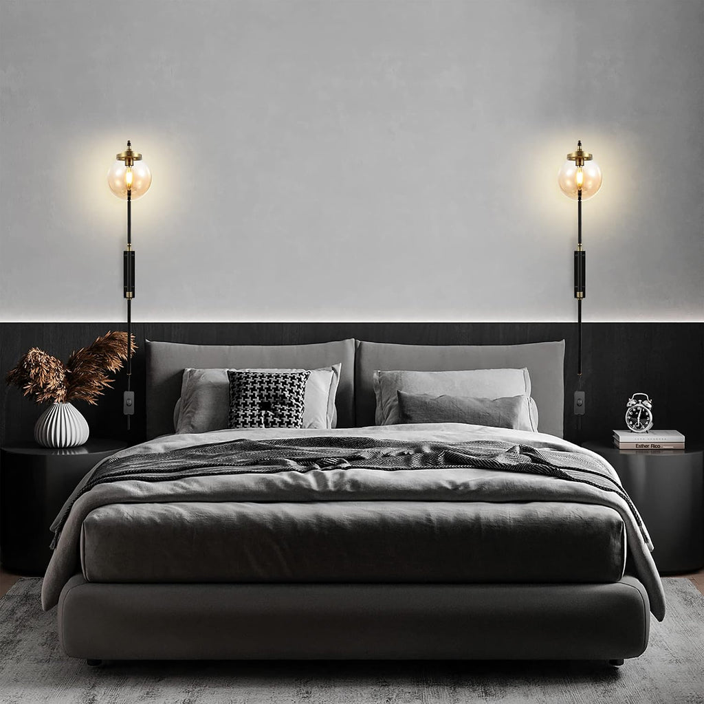 ELEHINSER Black Wall Sconces Set of 2 with Globe Shade, Modern Indoor Plug in Wall Lamps with Switch, Angle Adjustable Light for Bedroom Living Room Study Hallway Bedside