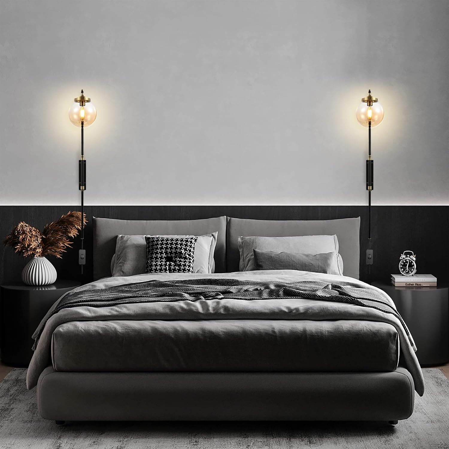 ELEHINSER Black Wall Sconces Set of 2 with Globe Shade, Modern Indoor Plug in Wall Lamps with Switch, Angle Adjustable Light for Bedroom Living Room Study Hallway Bedside