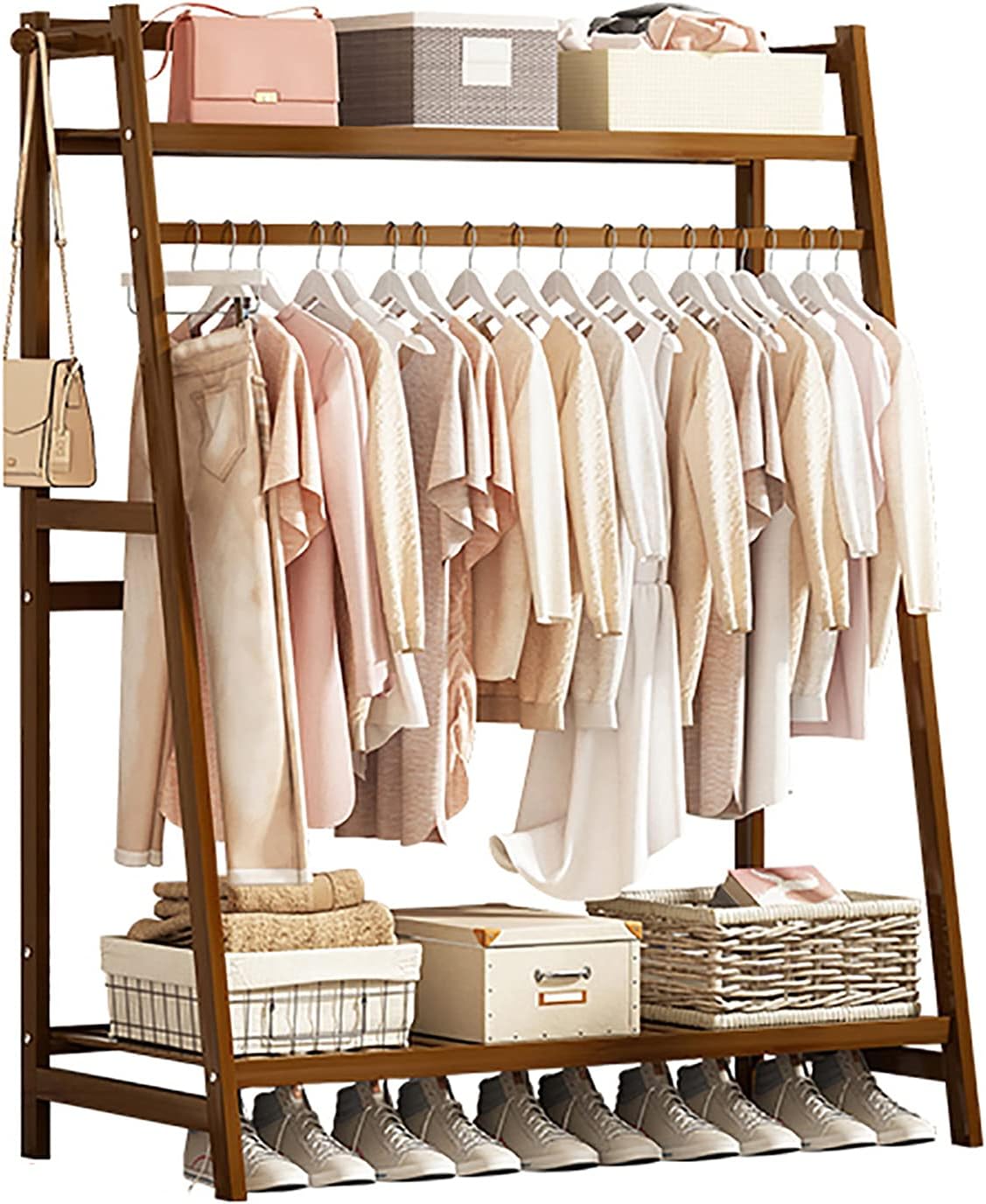 Bamboo Garment Rack,Multi-Functional Clothes Rack,with top Shelf and Shoe Clothing Storage Organizer Shelves,for Bedroom Entryway Hanging Clothes