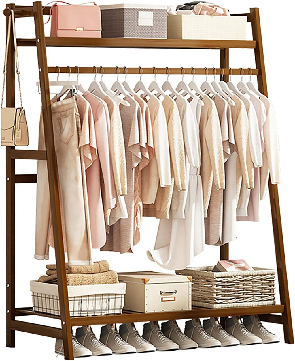 Bamboo Garment Rack,Multi-Functional Clothes Rack,with top Shelf and Shoe Clothing Storage Organizer Shelves,for Bedroom Entryway Hanging Clothes