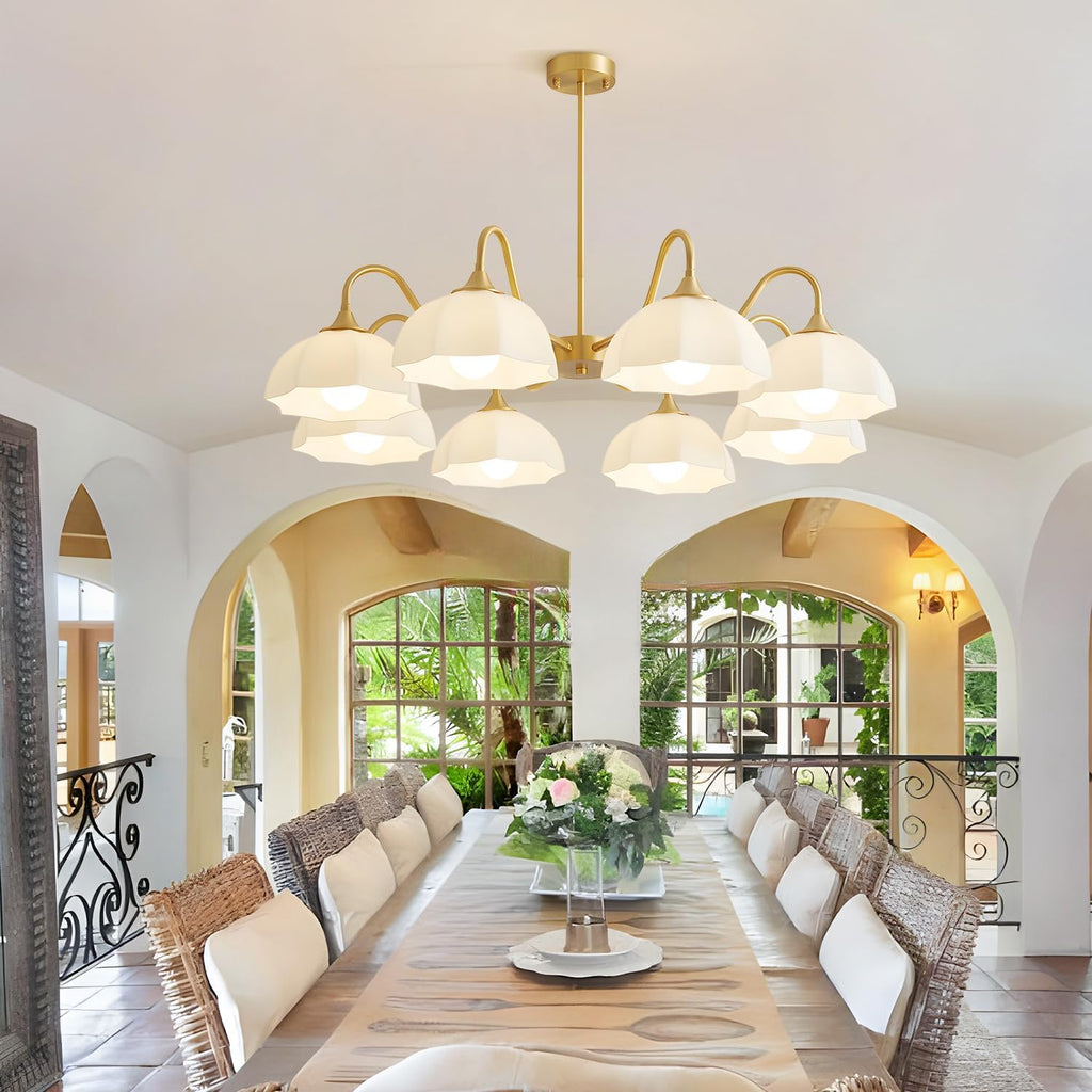 8 Lights Gold Sputnik Chandelier Light Fixture Large Mid Century Large Milk Glass Sputnik Pendant Lights Kitchen Island Modern Farmhouse Semi Flush Mount Chandelier Hanging Lamp MPL13-8 GD