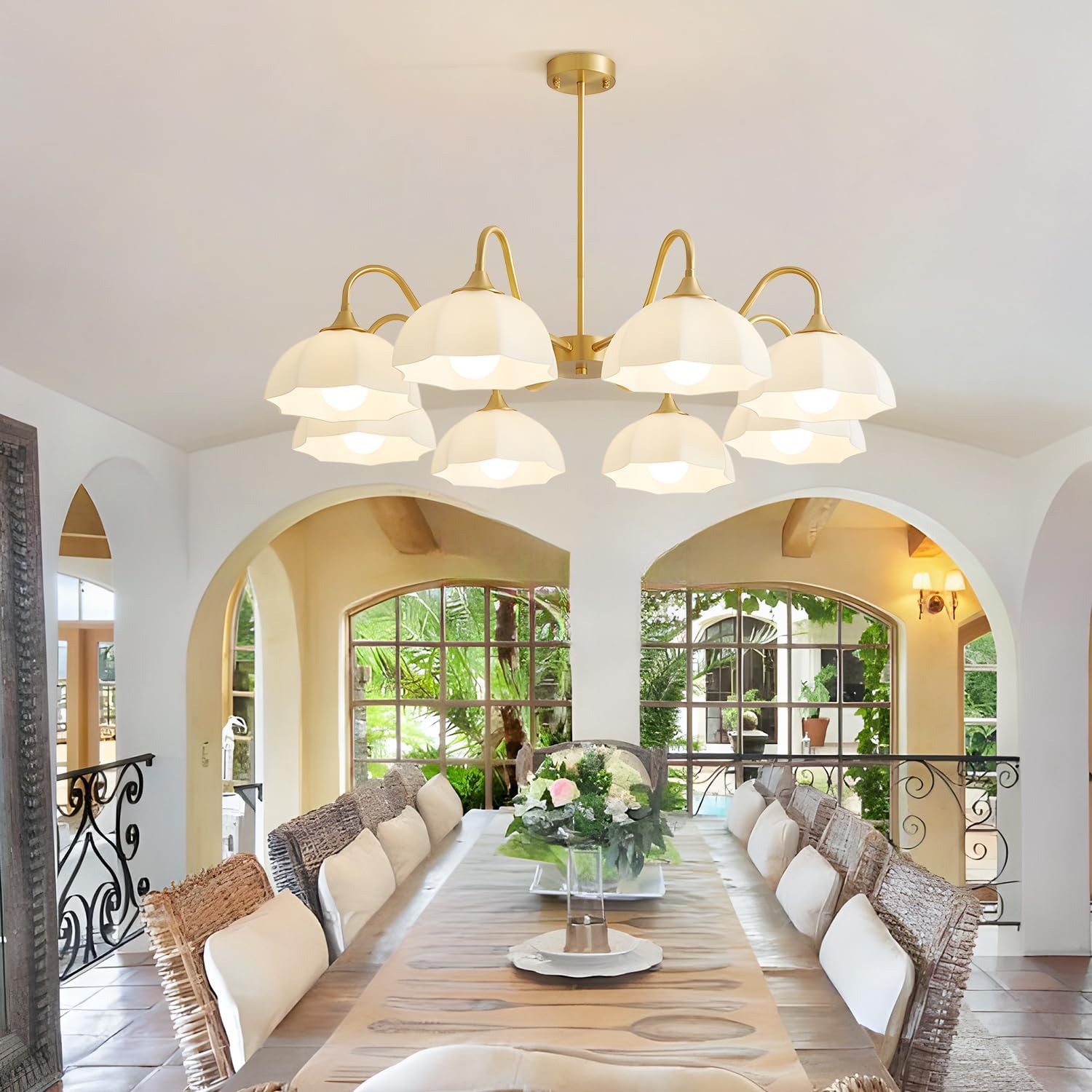 8 Lights Gold Sputnik Chandelier Light Fixture Large Mid Century Large Milk Glass Sputnik Pendant Lights Kitchen Island Modern Farmhouse Semi Flush Mount Chandelier Hanging Lamp MPL13-8 GD
