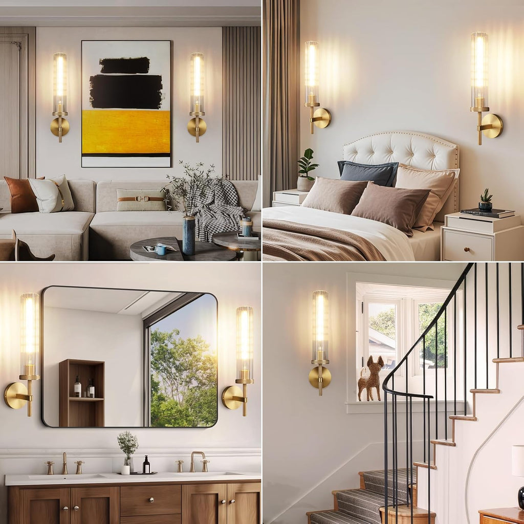 19.5' Knurled Brass Wall Sconces Set of 2, Gold Bathroom Vanity Light Fixtures with Vertical Striped Glass Tube, Modern Lamp Lighting for Bedroom, Living Room, Hallway, Staircase, Mirror, Kitchen