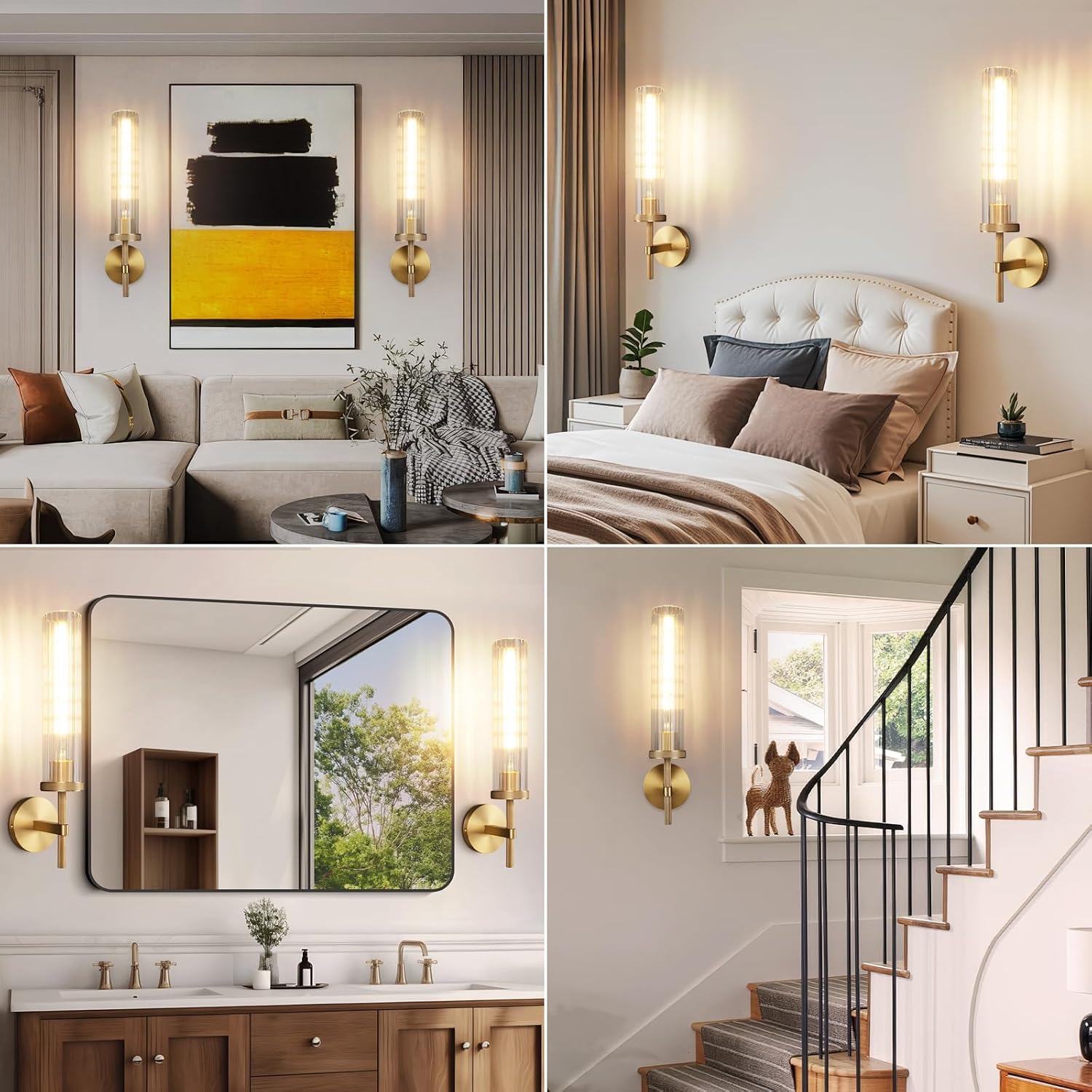 19.5' Knurled Brass Wall Sconces Set of 2, Gold Bathroom Vanity Light Fixtures with Vertical Striped Glass Tube, Modern Lamp Lighting for Bedroom, Living Room, Hallway, Staircase, Mirror, Kitchen