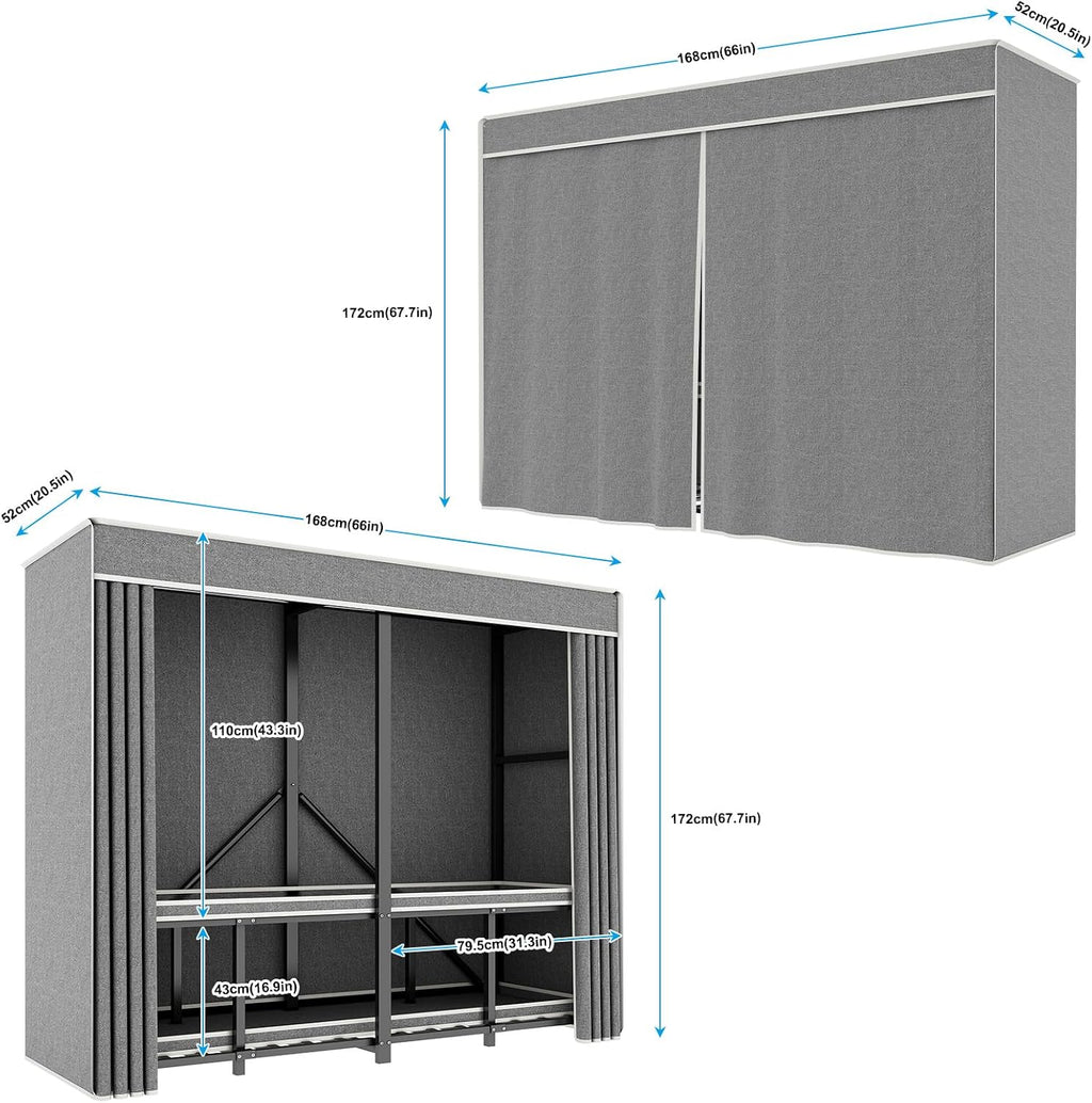 Foldable Heavy Duty Portable Closet with Cover, Freestanding Storage Garment Rack for Bedroom, Clothes Rack for Hanging Clothes Armoire Wardrobe Closet System, 66.1x67.7x20.5 Inch,Black Grey