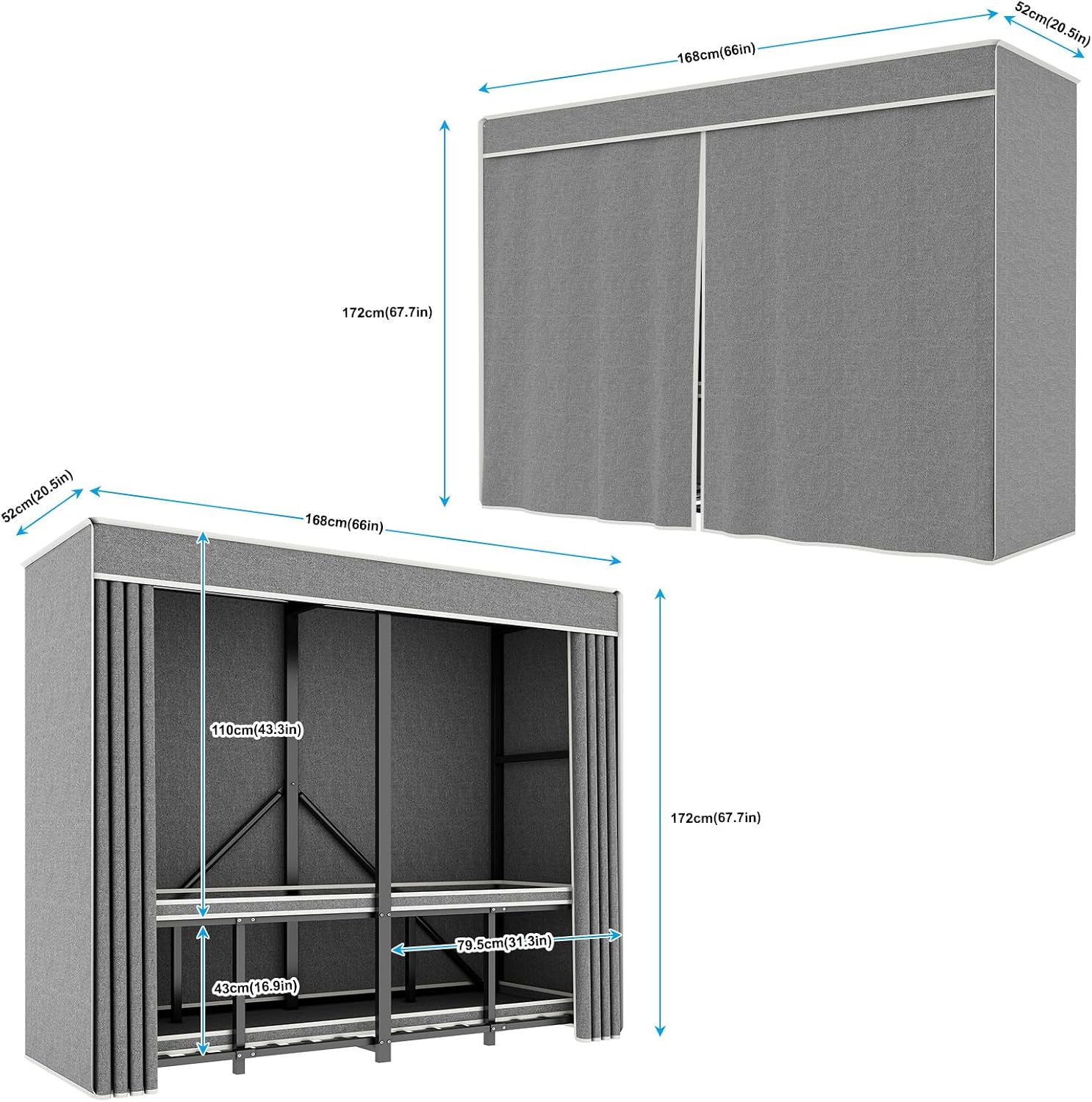 Foldable Heavy Duty Portable Closet with Cover, Freestanding Storage Garment Rack for Bedroom, Clothes Rack for Hanging Clothes Armoire Wardrobe Closet System, 66.1x67.7x20.5 Inch,Black Grey