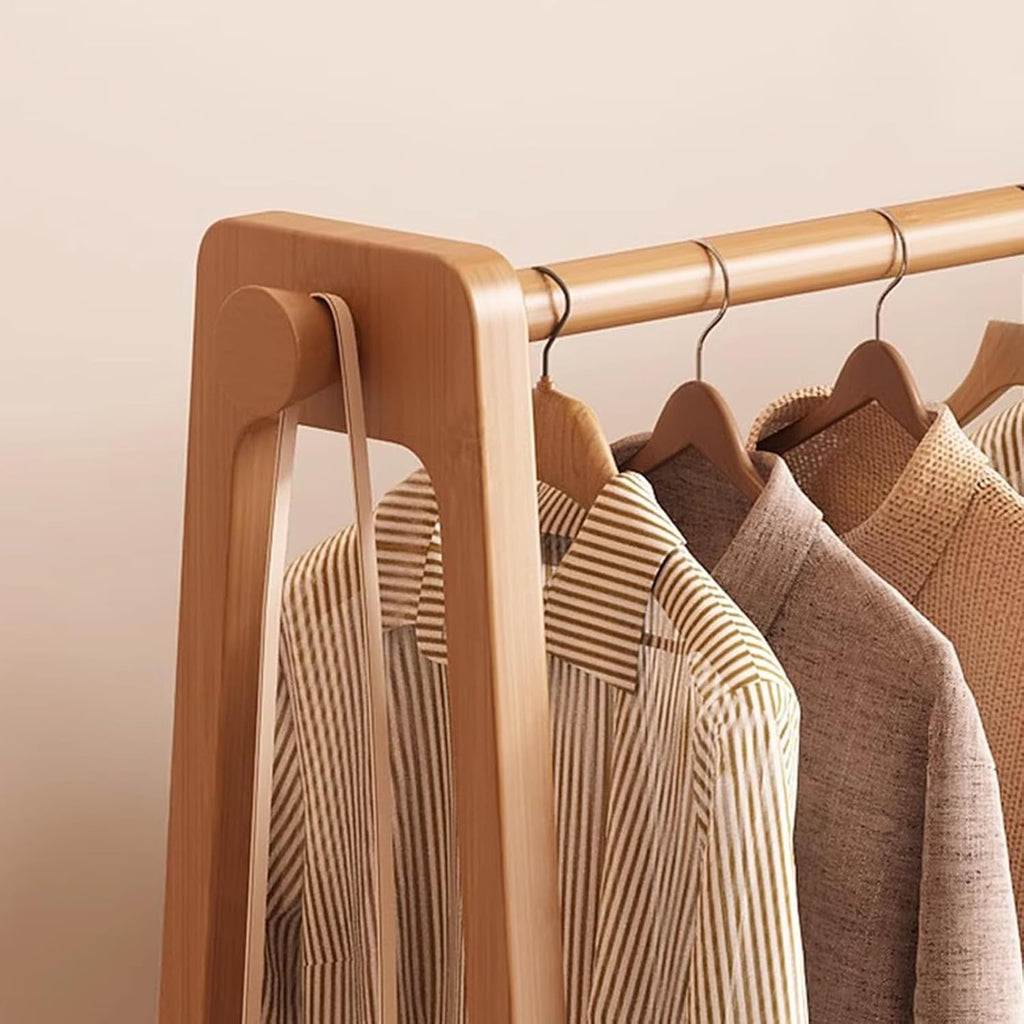 Garment Rack Bamboo Clothing Rack For Hanging Clothes, Freestanding Coat Rack With Shelves And 2 Hooks, Large Capacity Clothes Rail For Bedrooms, Easy To Assemble C(Size:75x36x154CM,Color:Wood Color)