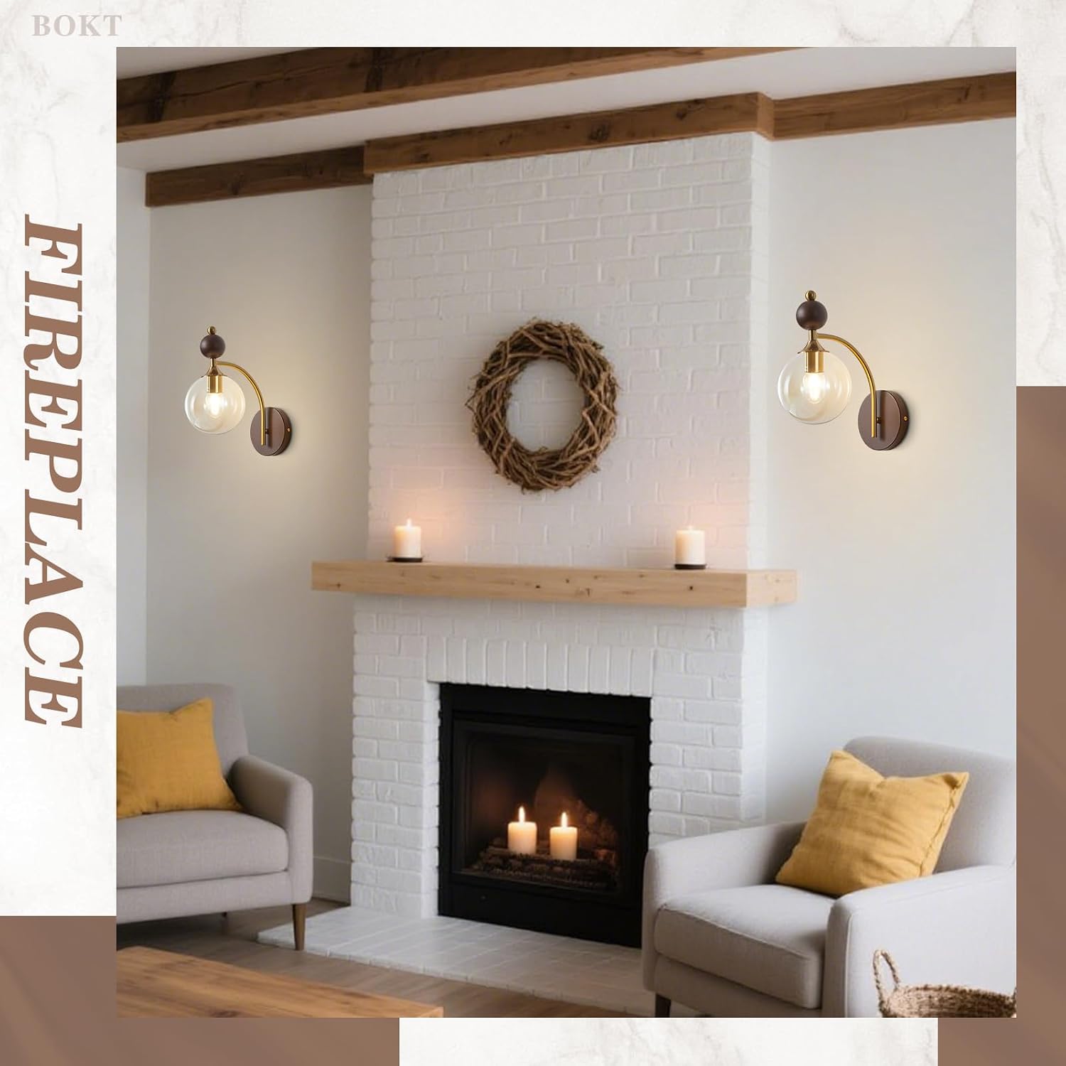BOKT Brass Globe Gold Sconce Bedroom Wall Lamps Set of 2 Small Wall Lamp Modern Living Room Nordic Vanity Light Fixtures with Amber Glass 2-Light Bathroom Lighting Wall Sconces