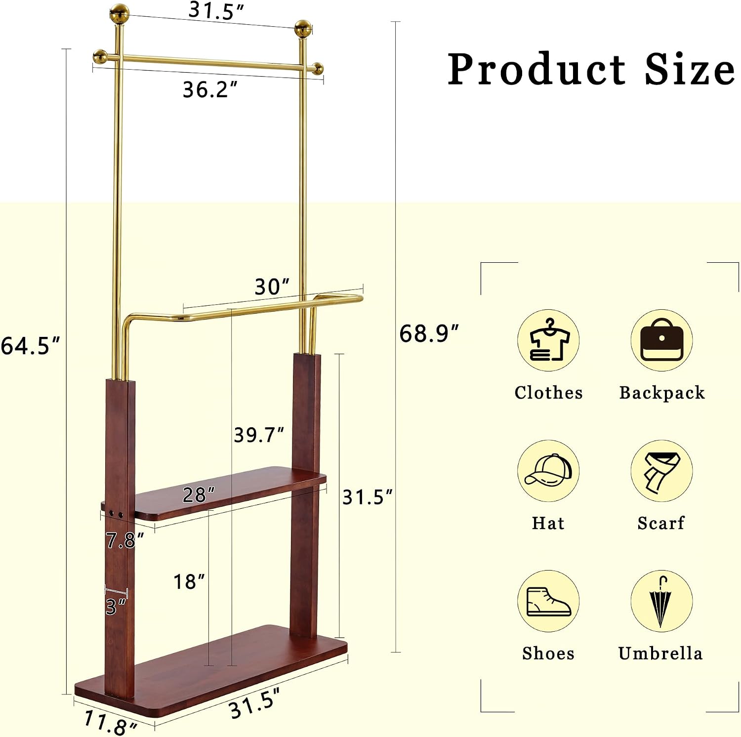 CHANCEE 68.9' Golden Stainless Steel and Walnut Solid Wood Double-Layer Coat Rack, Modern Freestanding Clothes Hanger with Storage Shelf, Multi-Functional Entryway Organizer Cabinet