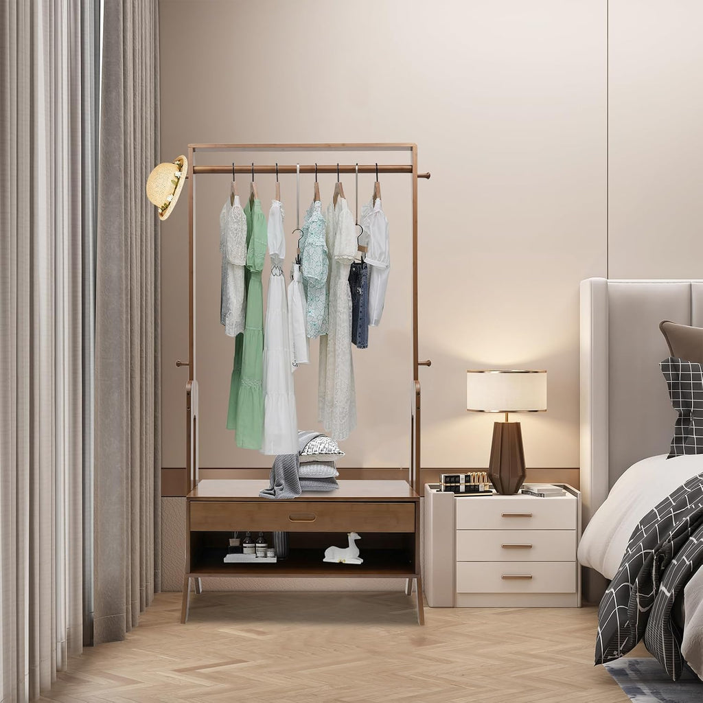 Bamboo Garment Rack Freestanding Closet Organizer, 83.5x33x169.5cm Coat Rack with Storage Shelf, Multifunctional Clothes Hanging Stand for Bedroom Entryway, Freestanding Clothing Storage Organizer