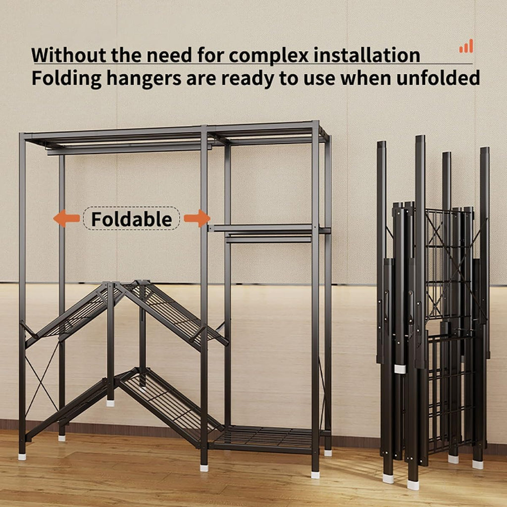 Portable Wardrobe Closet with Cover Metal Garment Rack for Hanging Clothes with 3 Hanging Rods and 4 Storage Shelves for Bedroom (Color : D, Size : 190X45X165CM)