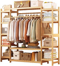 Portable Bamboo Clothes Rail with 2 Hanging Rods and 11 Storage Shelves Height: 160CM Wood Color Ideal for Hallway Entryway Bedroom (110/120/130/140/160CM)