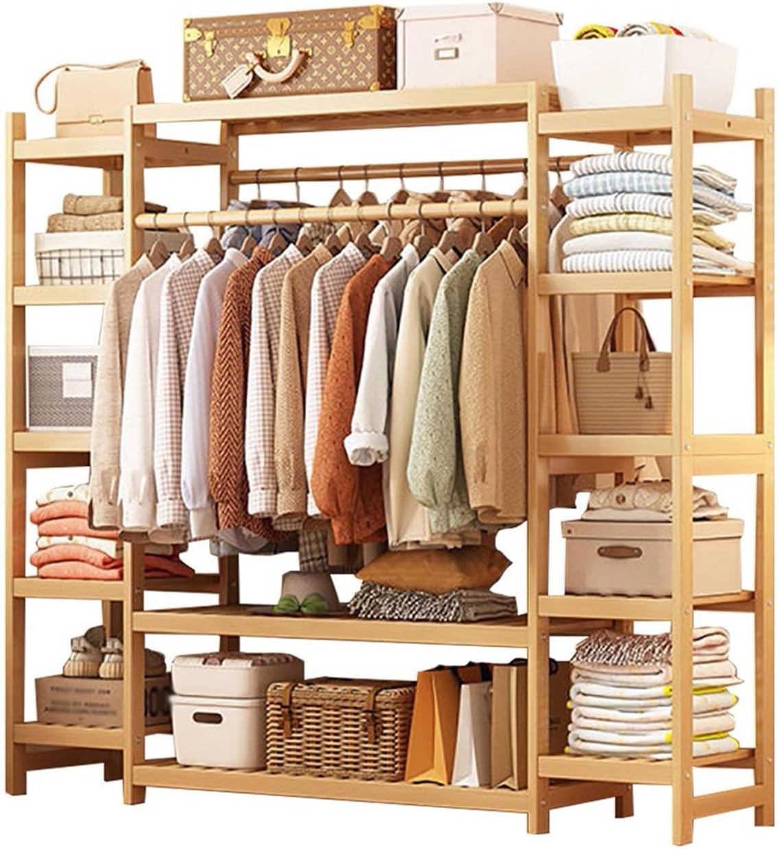 Portable Bamboo Clothes Rail with 2 Hanging Rods and 11 Storage Shelves Height: 160CM Wood Color Ideal for Hallway Entryway Bedroom (110/120/130/140/160CM)