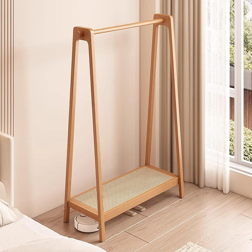 Garment Rack Bamboo Clothing Rack For Hanging Clothes, Freestanding Coat Rack With Shelves And 2 Hooks, Large Capacity Clothes Rail For Bedrooms, Easy To Assemble C(Size:75x36x154CM,Color:Wood Color)
