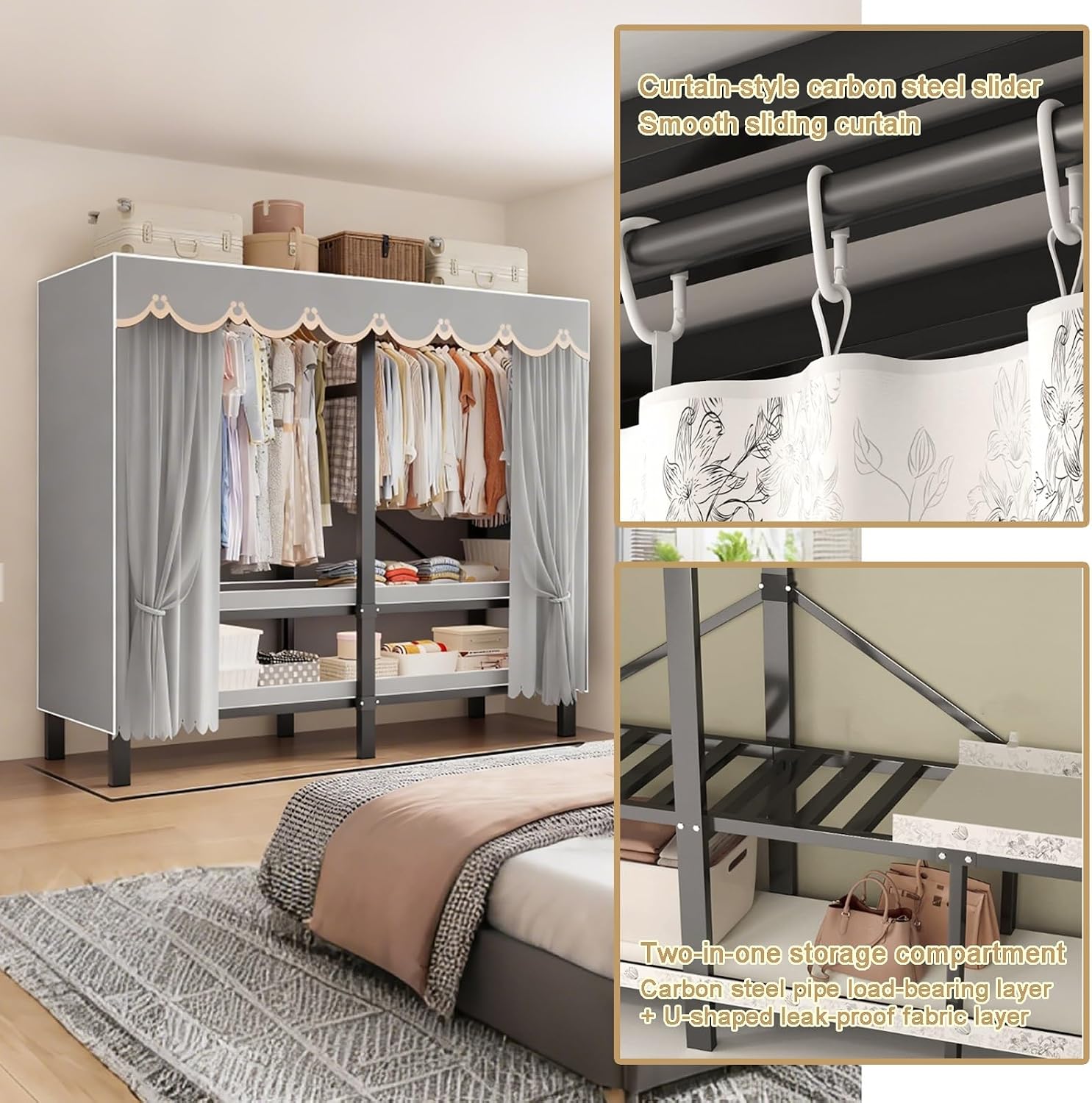 Foldable Heavy Duty Wardrobe Closet, Rolling Covered Portable, Metal Garment Rack for Hanging Clothes,for Bedroom