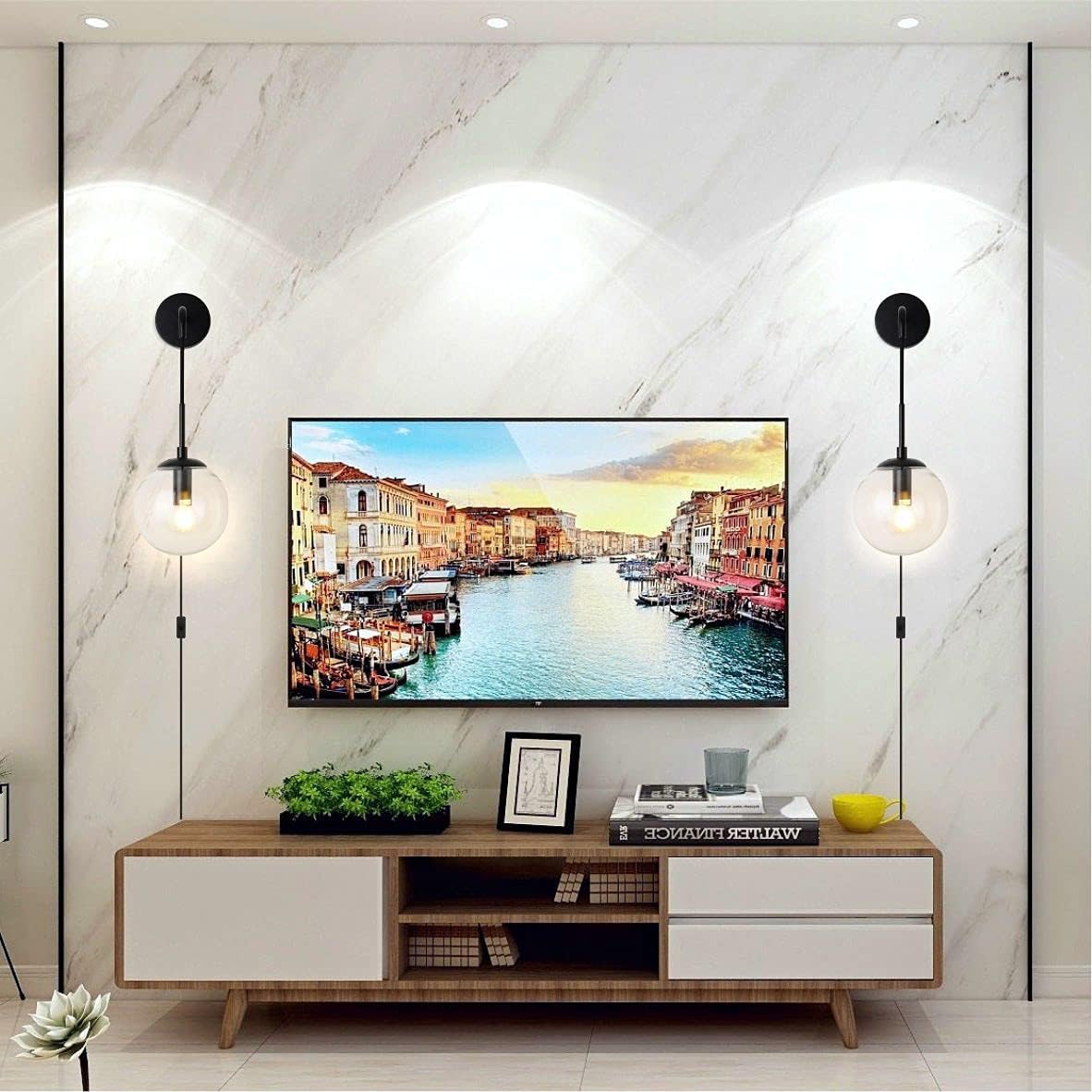 BOKT Mid Century Modern Black Wall Sconce Light Set of Two Plug in Clear Glass Globe Ball Wall Lighting Set of 2 Minimalist Vanity Bathroom Wall Light Lamp Plug in Cord (Clear)