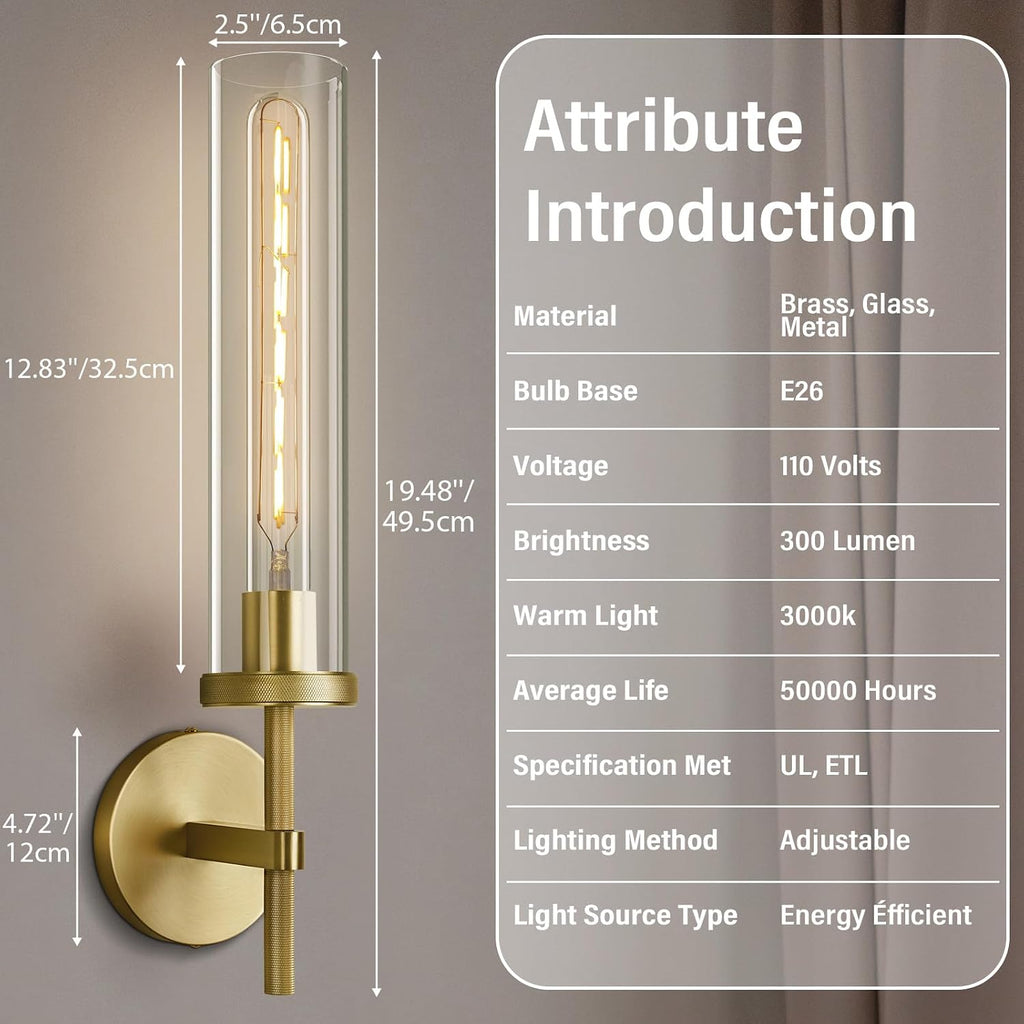 Gold Wall Sconces Set of Two, 19.48' Knurled Gold Wall Lighting with Glass Tube, Modern Brass Sconces Wall Lamp for Bedroom Living Room Bathroom Hallway Staircase & Vanity Mirror(Including Bulb)