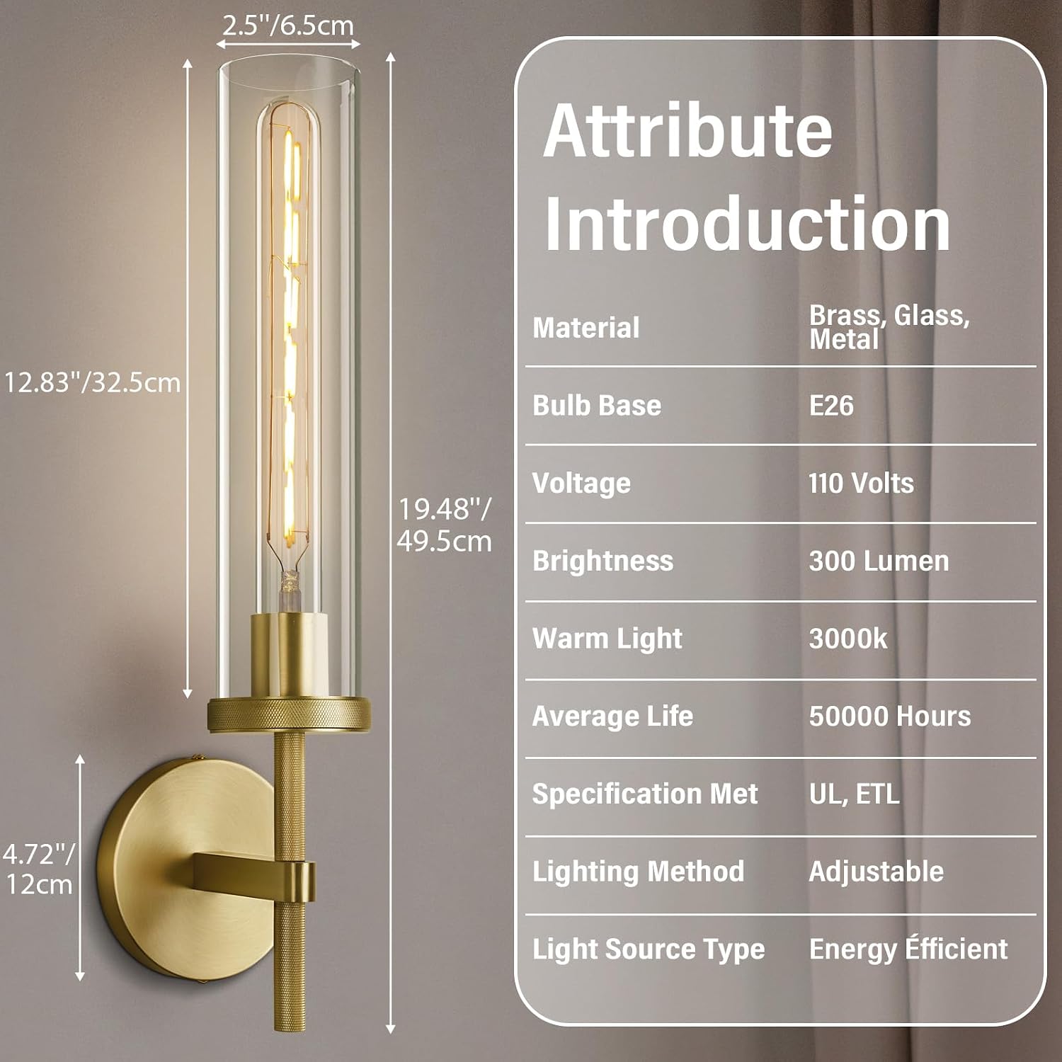Gold Wall Sconces Set of Two, 19.48' Knurled Gold Wall Lighting with Glass Tube, Modern Brass Sconces Wall Lamp for Bedroom Living Room Bathroom Hallway Staircase & Vanity Mirror(Including Bulb)