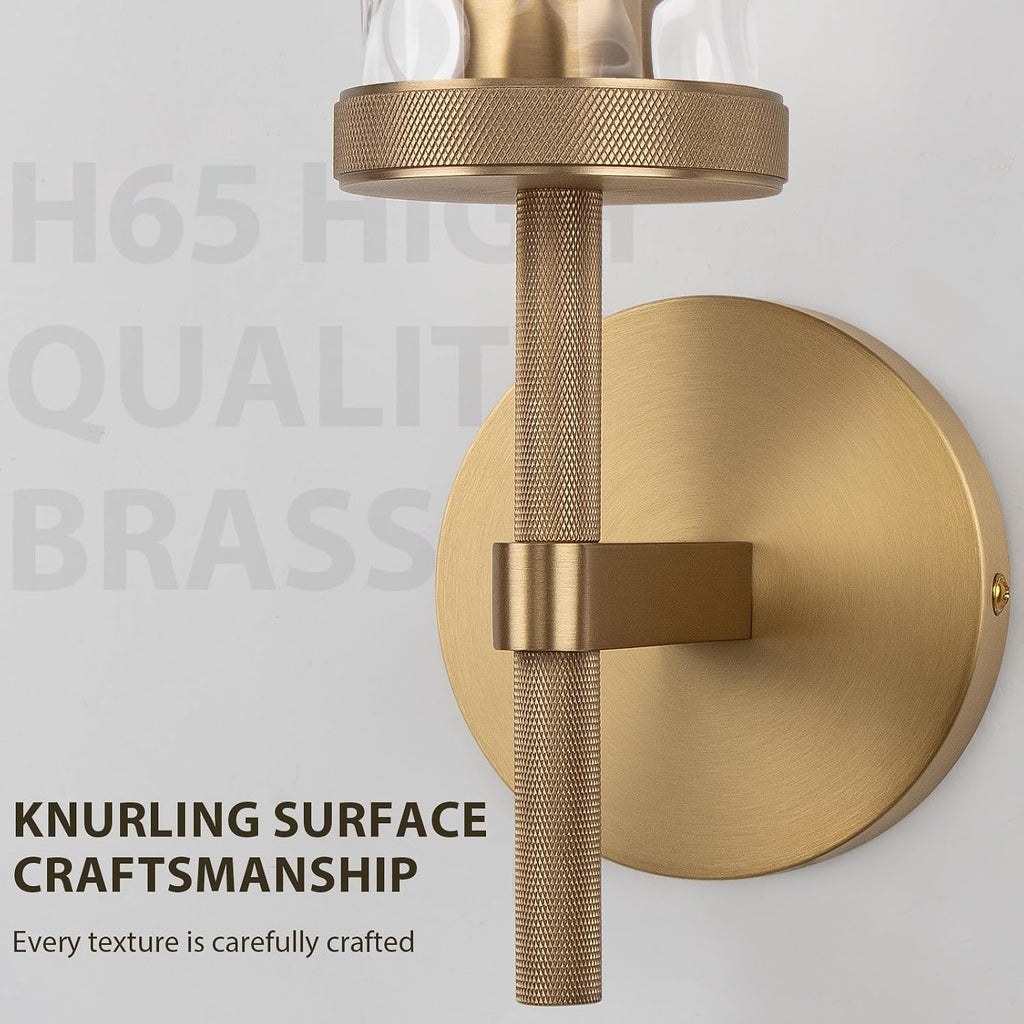 15' Knurled Brass Wall Sconces Set of 2, Gold Bathroom Vanity Light Fixtures with Water Ripples Glass Tube, Modern Lamp Lighting for Bedroom, Living Room, Hallway, Staircase, Mirror, Kitchen