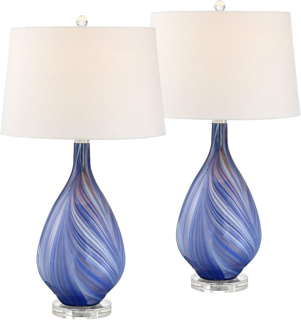 Possini Euro Design Taylor 29' Tall Teardrop Modern Coastal End Table Lamps Set of 2 Blue Art Glass Living Room Bedroom Bedside Nightstand House Office Home Reading White Shade (Colors May Vary)