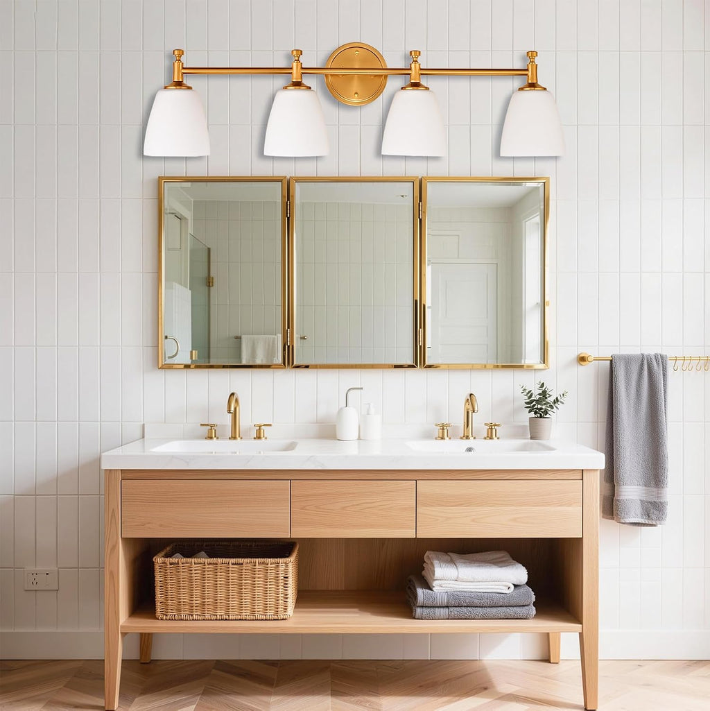 Bathroom Vanity Light Fixture, 4-Light Vintage Bathroom Lighting Fixtures Over Mirror, Antique Brass Finish with Frosted Milk Glass Shade, Wall Sconces Lighting for Bedroom, Living Room, Hallway