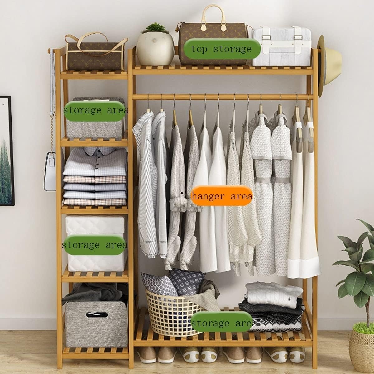 Heavy Duty Clothes Hanging Rack, Bamboo Garment Rack, 7-Tier Storage Shelves, Bedroom Wardrobe Closet Organizer
