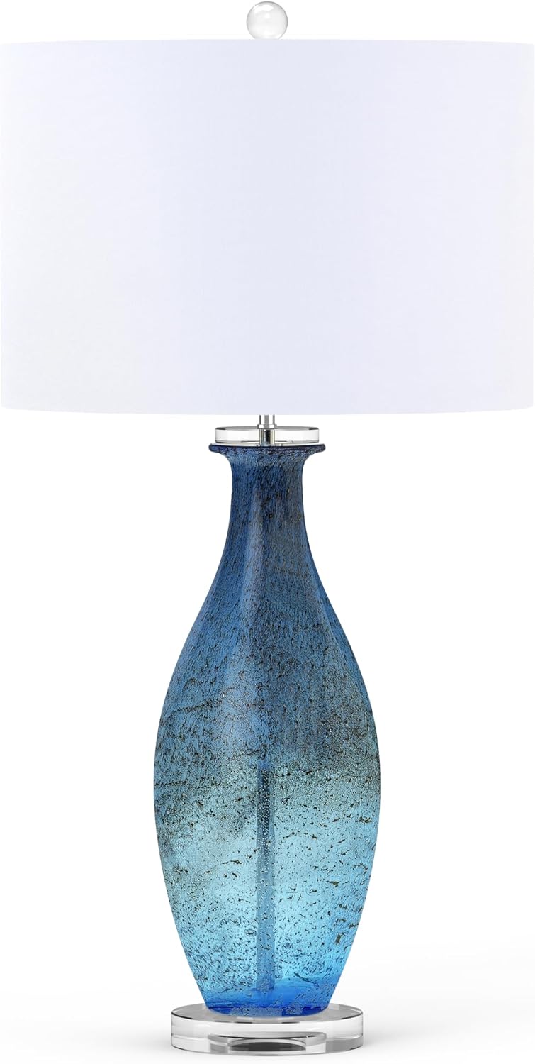 Sea Winds Trading Lux Lighting 30-Inch Blue Tone Art Glass Table Lamps Set of 2 with Dazzling Crystal Base Coastal Style 3-Way Switch Linen Shade