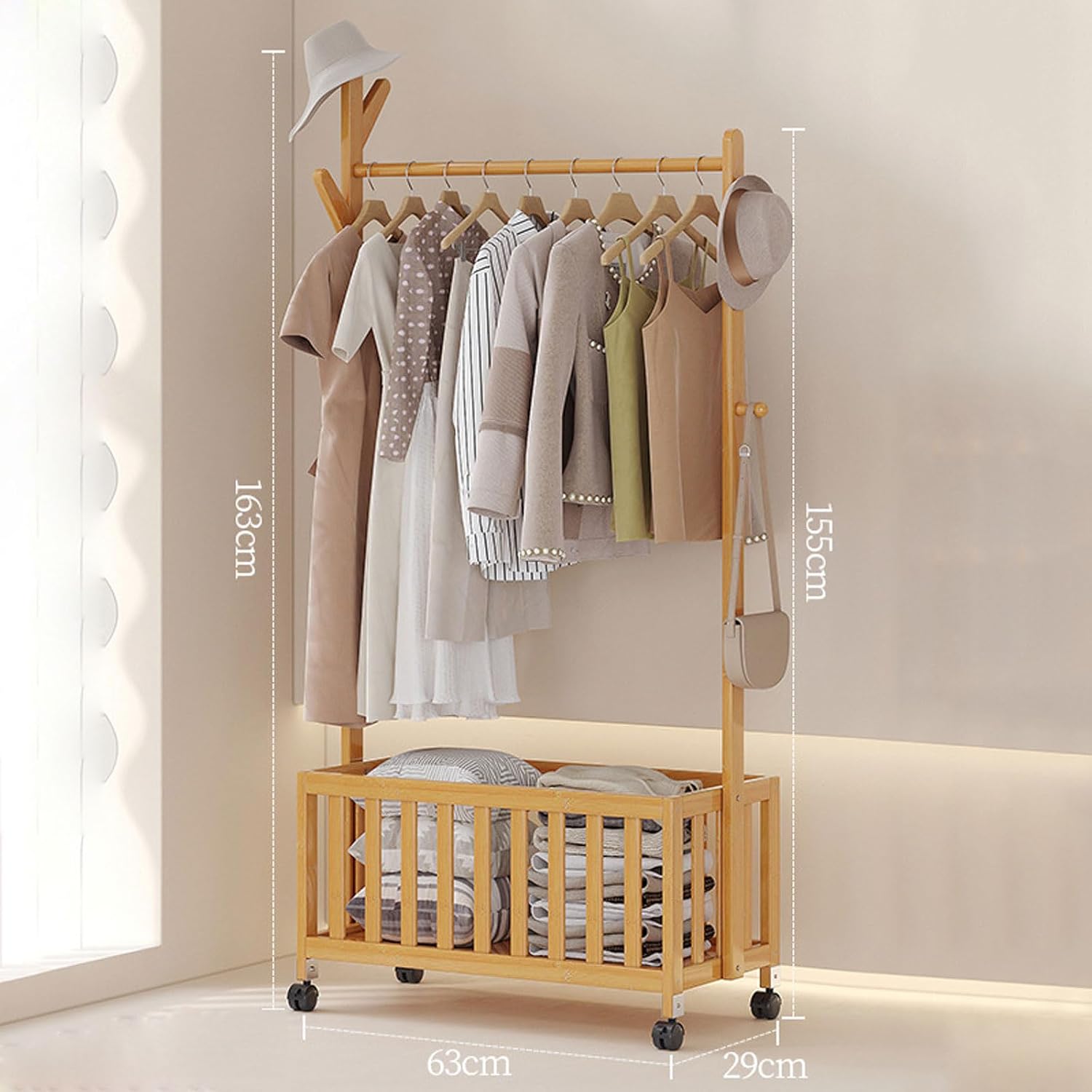 Bamboo Open Wardrobe with Hollow Storage Basket, Clothes Stand Garment Rack with Casters, Clothes Hanging Rail for Clothes Hats Bags
