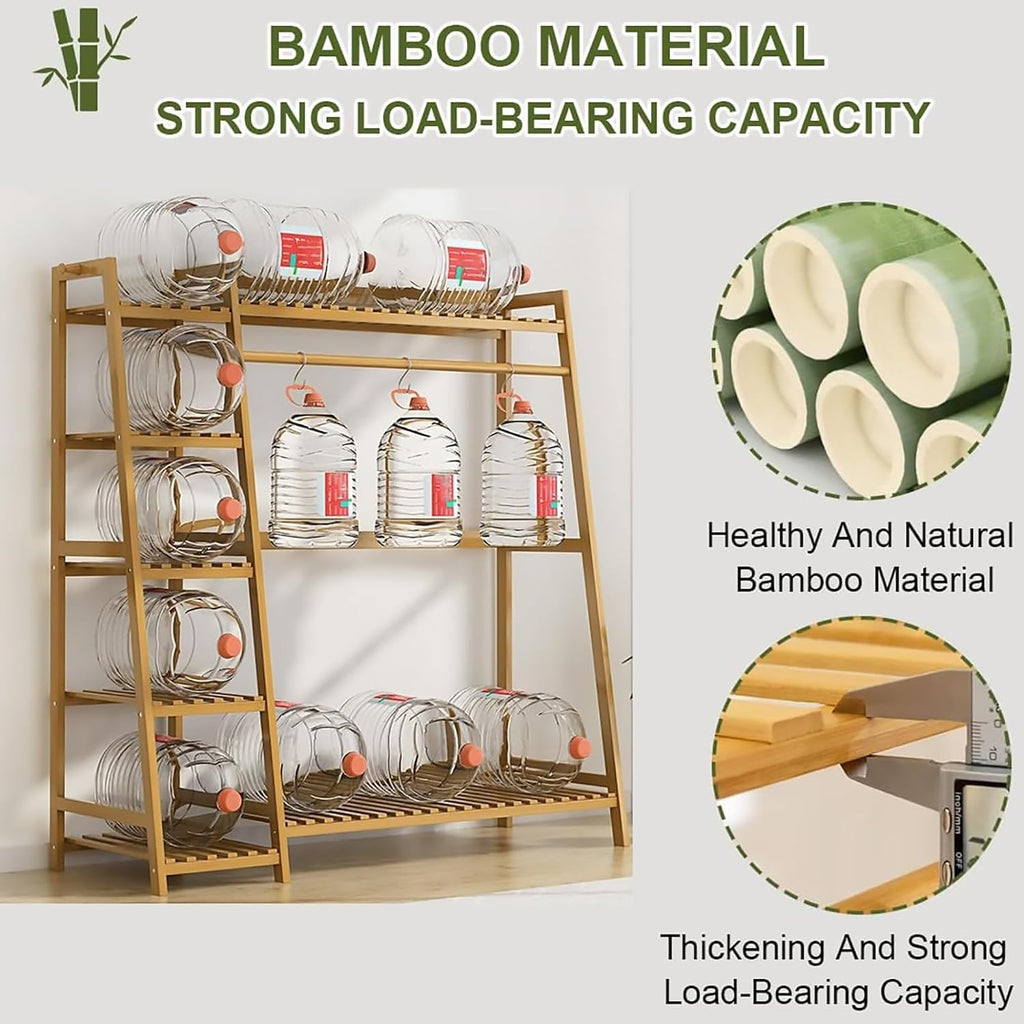 Bamboo Garment Rack for Hanging Clothes, 5 Tiers Clothing Rack, Free Standing Clothes Coat Hanger Closet Organizer with Shoe Rack,Portable Wardrobe for Living Room Bedroom, Natural