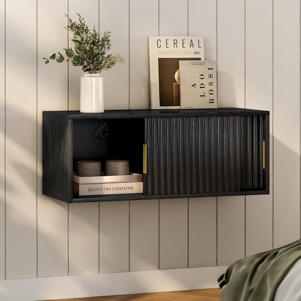 EYYTHUNG Large Floating TV Stands Set of 2, Modern Fluted Nightstands Wall Mounted Bedside Table Storage Cabinet with Sliding Doors for Living Room, Bedroom Black