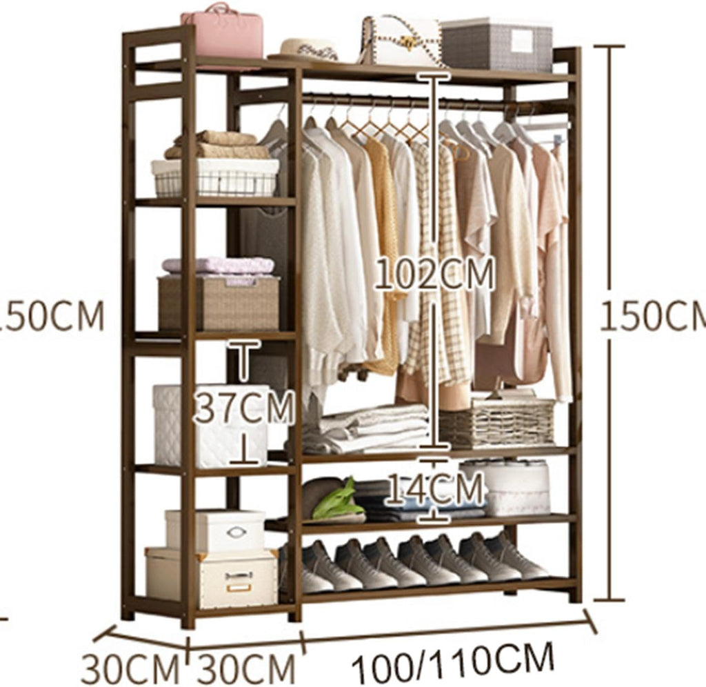 Free Standing Clothing Racks for Hanging Clothes, Bamboo Garment Rack Closet Organizer with Storage Shelves,Clothes Organizer for Bedroom, Living Room,110 * 30 * 150cm