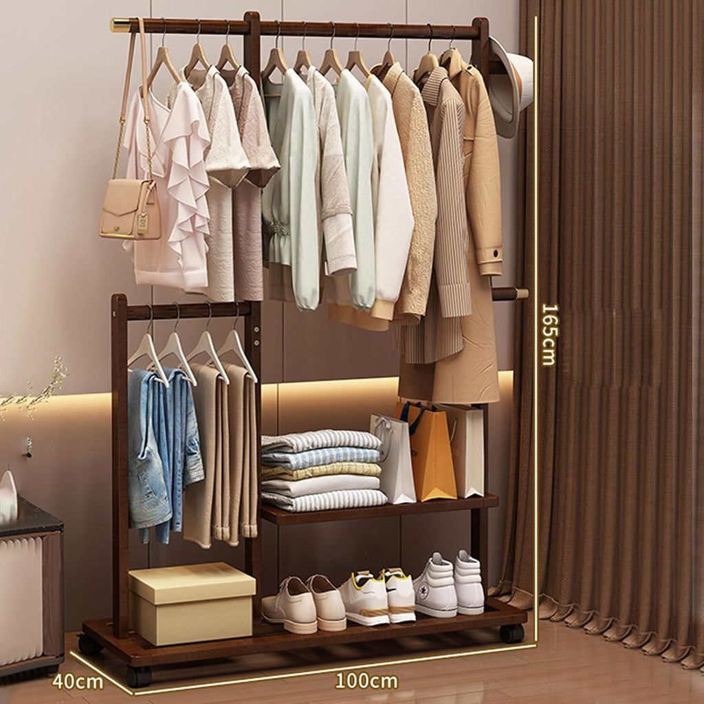 Bamboo Clothing Rack Coat Stand Free Standing Clothes Hanging Rail Garment Rack with Storage Shelves, Hanger Hooks and Pants Hanger, Open Wardrobe for Bedroom Living Room Hallway