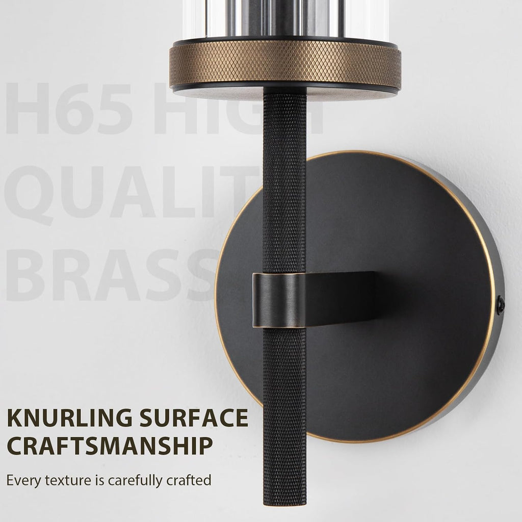 19.5' Knurled Brass Wall Sconce with Vertical Striped Glass Tube, Black Gold Bathroom Vanity Light Fixtures, Modern Lamp Lighting for Bedroom, Living Room, Hallway, Staircase, Mirror, Kitchen