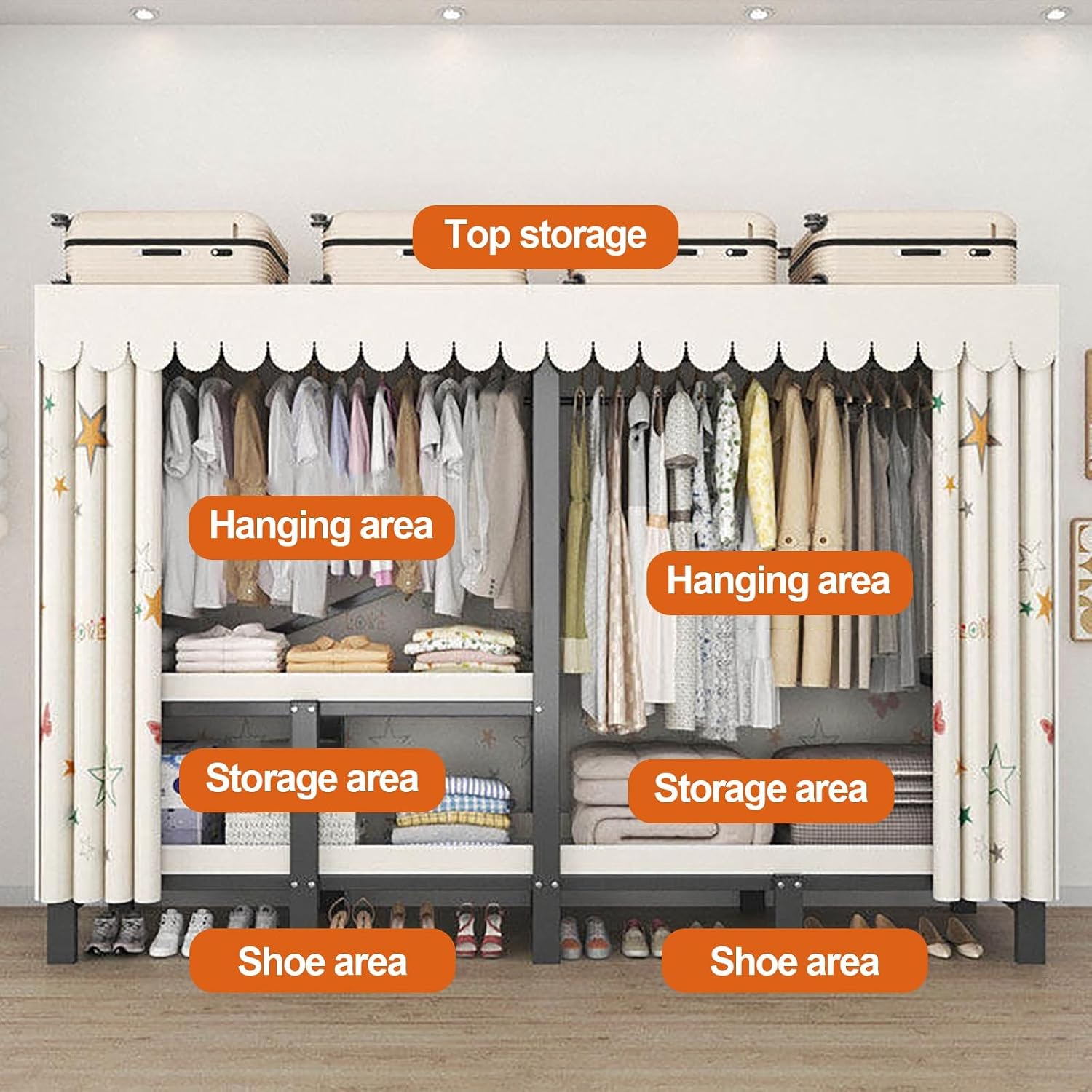 Foldable Wardrobe Closets For Hanging Clothes, Heavy Duty Garment Rack With Cover, Freestanding Covered Metal Clothes Rack, Organizer Enclosed Covered Armoires(Blue,145x50x170cm)