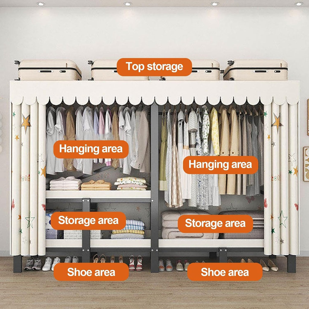 Foldable Wardrobe Closets For Hanging Clothes, Heavy Duty Garment Rack With Cover, Freestanding Covered Metal Clothes Rack, Organizer Enclosed Covered Armoires(Blue,170x50x170cm)