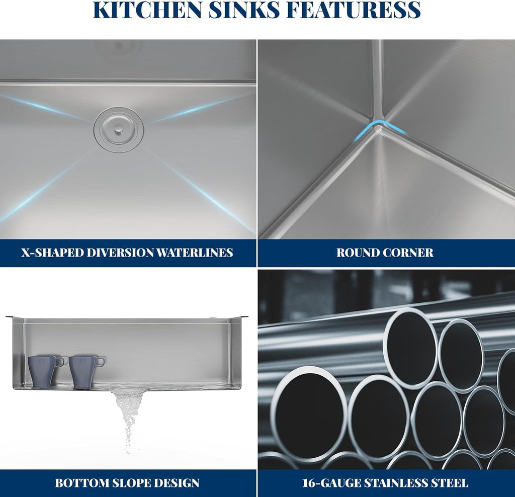 Senfot 33 Inch Undermount Kitchen Sink with Single-tier Track, Stainless Steel Single Bowl Kitchen Sink with Chopping Board, Drainer Basket, Bottom Net, Drainer, Roller Shutter