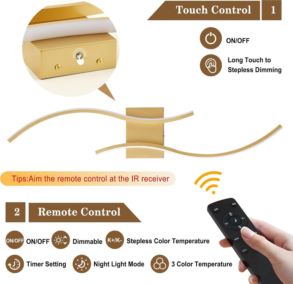 Battery Operated Wall Sconces Set of Two with Remote Control, Battery Wall Light, Stepless Colors 3000K-6000K & Dimming, Gold Led Wall Lights for Living Room, Hallway, Bedroom, 31.5 Inch (2 Pack)