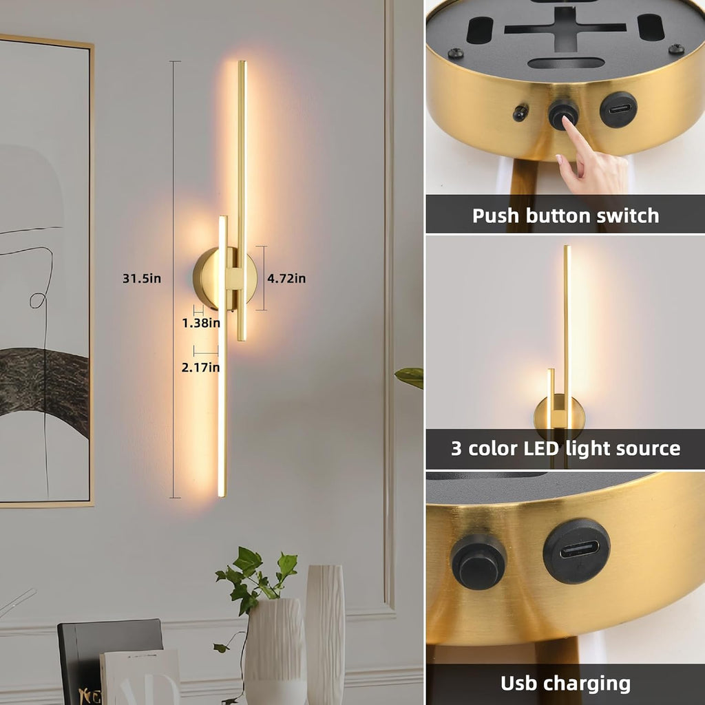 Battery Operated Wall Sconce Set of 2,Gold 31.4' 3000K-6500K LED Dimmable Wall Sconces with Remote Control,Wireless Wall Light USB Rechargeable for Bedroom Hallway Living Room Background Wall Lighting