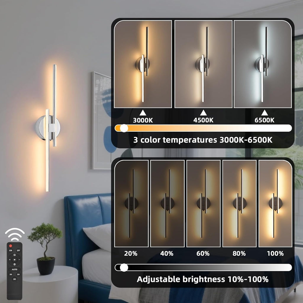 Rechargeable Battery Operated Wall Sconce Set Of Two, Chrome Wireless LED Wall Sconces With Remote Control, Dimmable 3 Colors Cordless wall lights for Living Room, bedroom, Hallway, 23.6 Inch ( 2pcs)