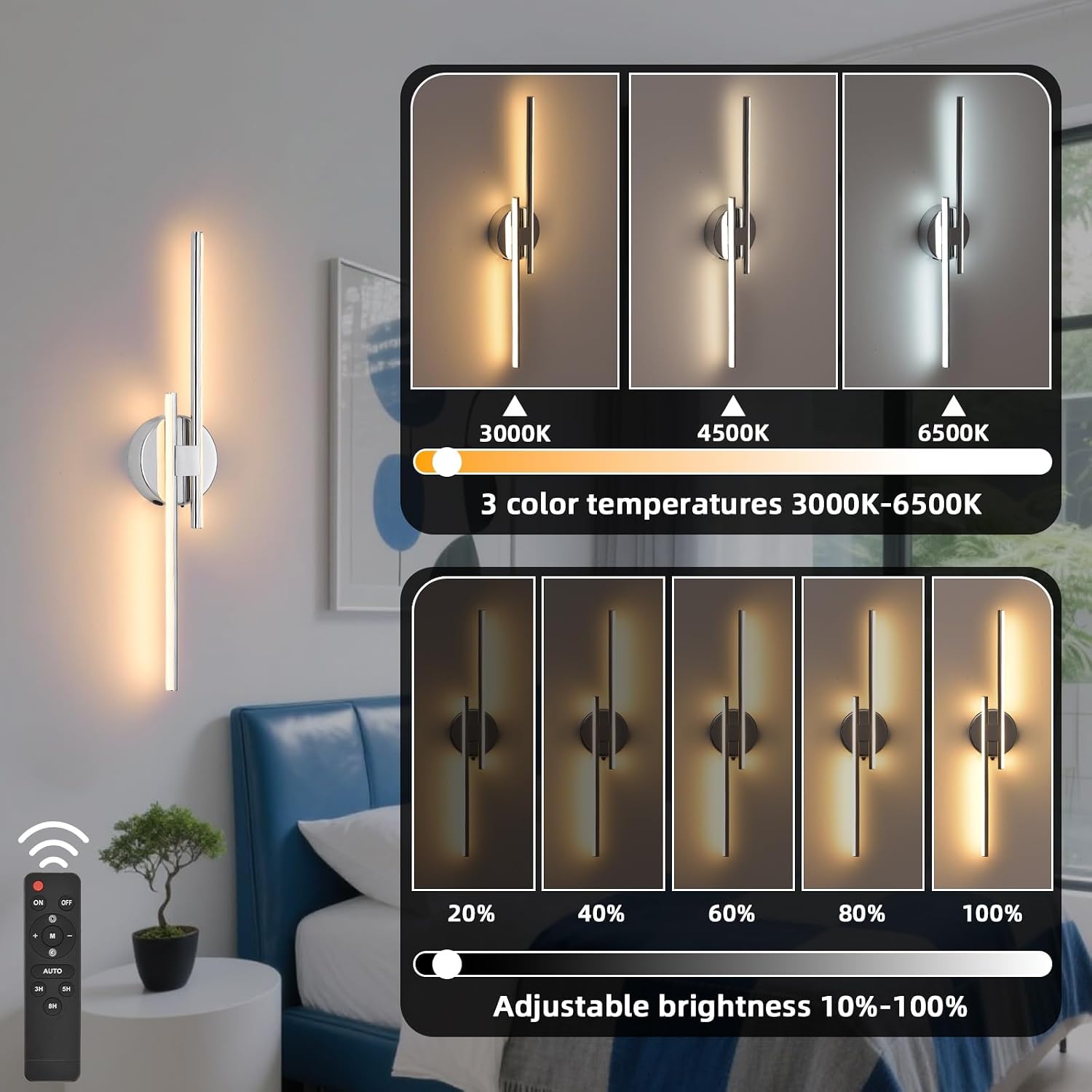 Rechargeable Battery Operated Wall Sconce Set Of Two, Chrome Wireless LED Wall Sconces With Remote Control, Dimmable 3 Colors Cordless wall lights for Living Room, bedroom, Hallway, 23.6 Inch ( 2pcs)