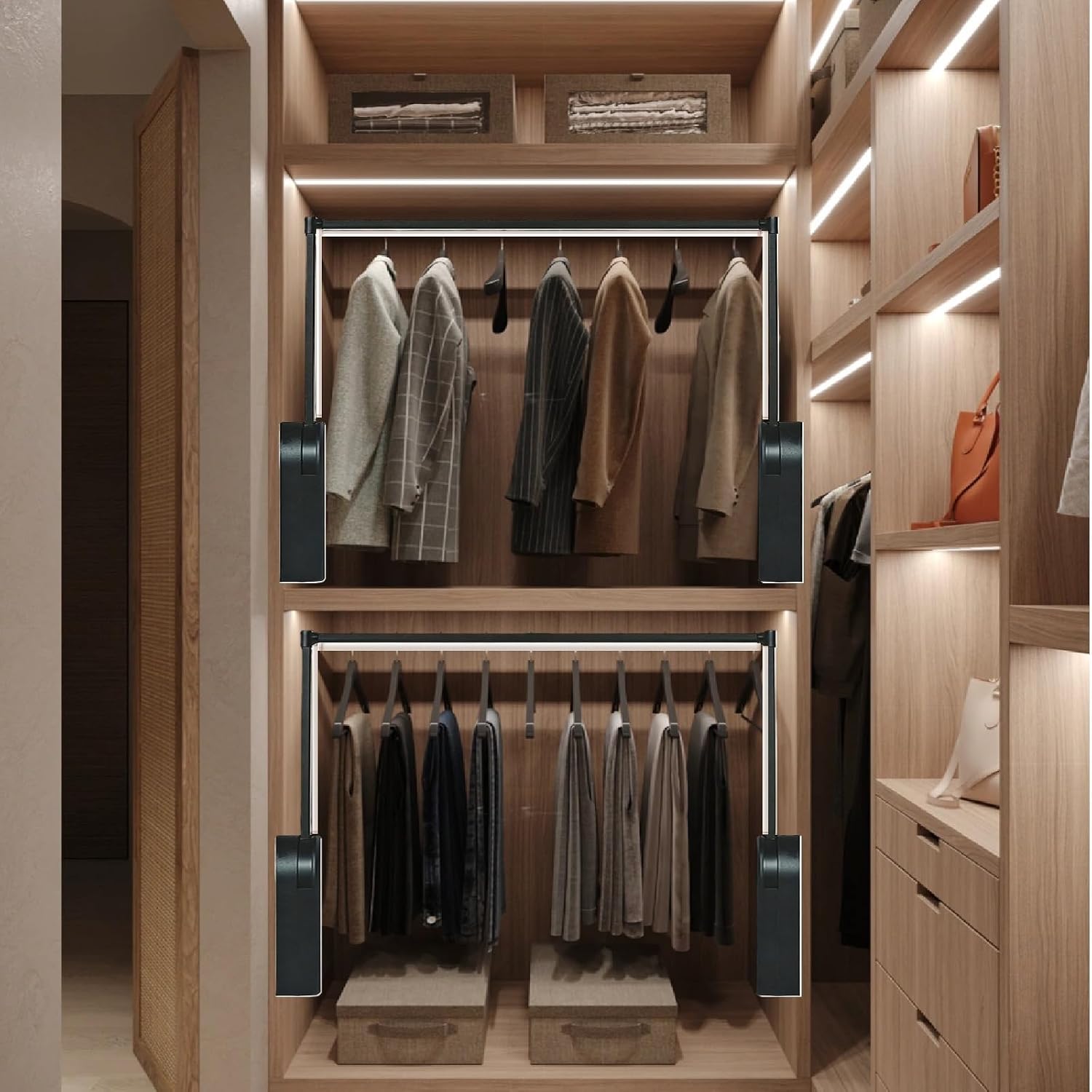 60' Electric Lifting Closet Rod,66lb Load Capacity,Stainless Steel Customized 23.6-60in Width Wardrobe Lift Organizer for Hanging Clothes,Touch Switch Clothes Lifting Rack for Closet System