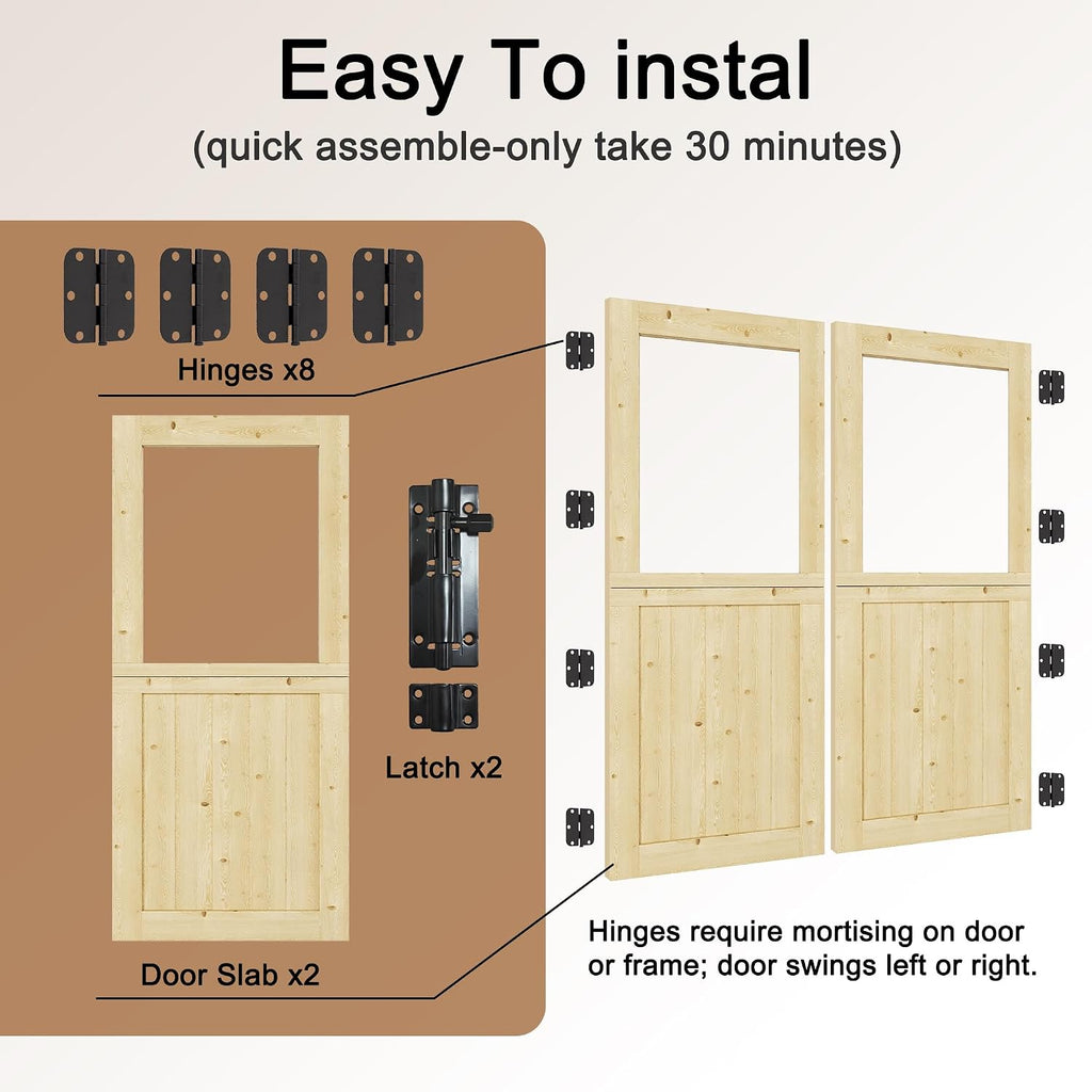 Interior Double Dutch Door Slab, 60' x 80', Universal Tempered Clear Glass Split Single Doors, Solid Core Home Door, Natural Pine Wood - with 8 Black Hinges & 2 Latch, Without Jamb