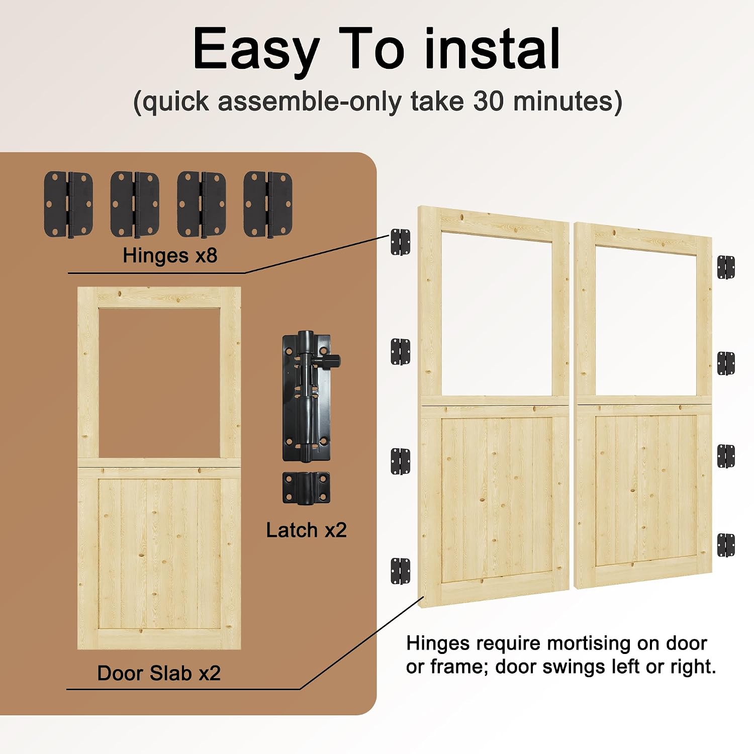 Interior Double Dutch Door Slab, 60' x 80', Universal Tempered Clear Glass Split Single Doors, Solid Core Home Door, Natural Pine Wood - with 8 Black Hinges & 2 Latch, Without Jamb
