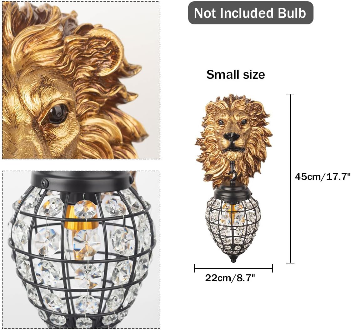Living Room Wall Lighting 1-Light Gold Crystal Glass Wall Sconce Resin Lion Head Art Deco Animal Lamp for Bedroom Hallway Stairwell, Black Indoor Lighting Fixture, E26 Base