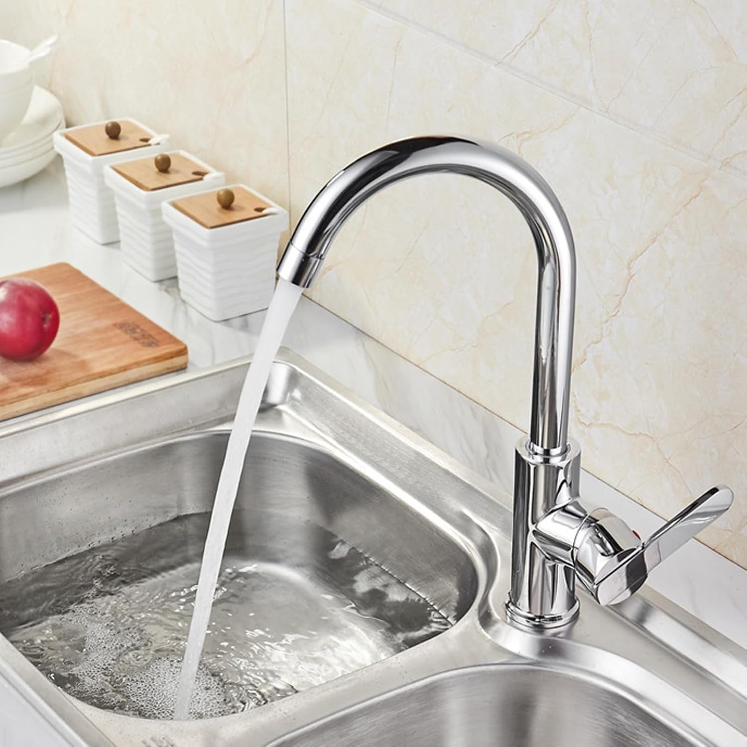 Stainless Steel Kitchen Sink - Top-Mounted Single Bowl Washbasin with Hot and Cold Water Tap, Drain Filter, and Inlet Pipes,One Color-48x35cm